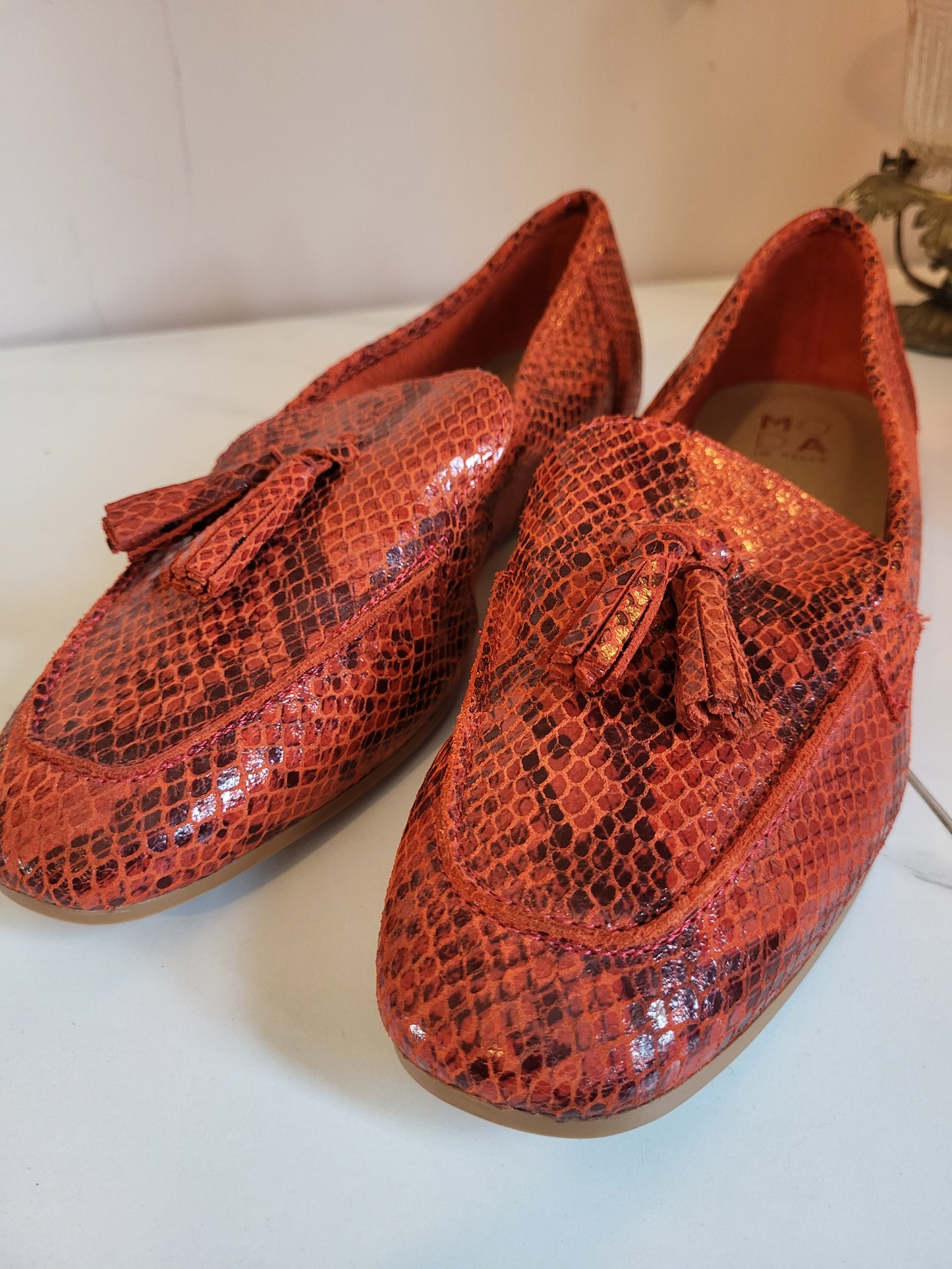 Moda in Pelle Leather Burnt Orange Faux Snakeskin Loafers