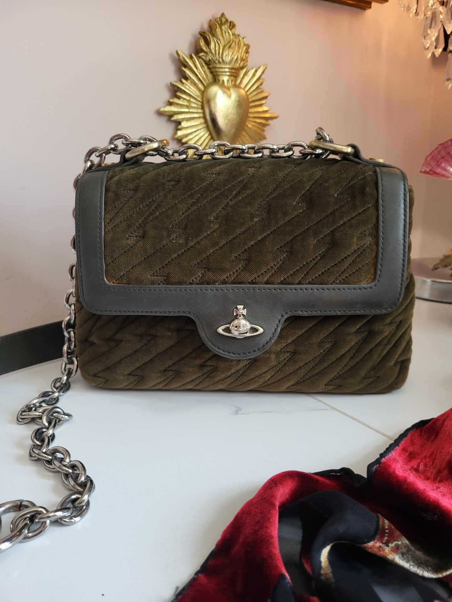 Vintage Vivienne Westwood Olive Velvet Shoulder Bag