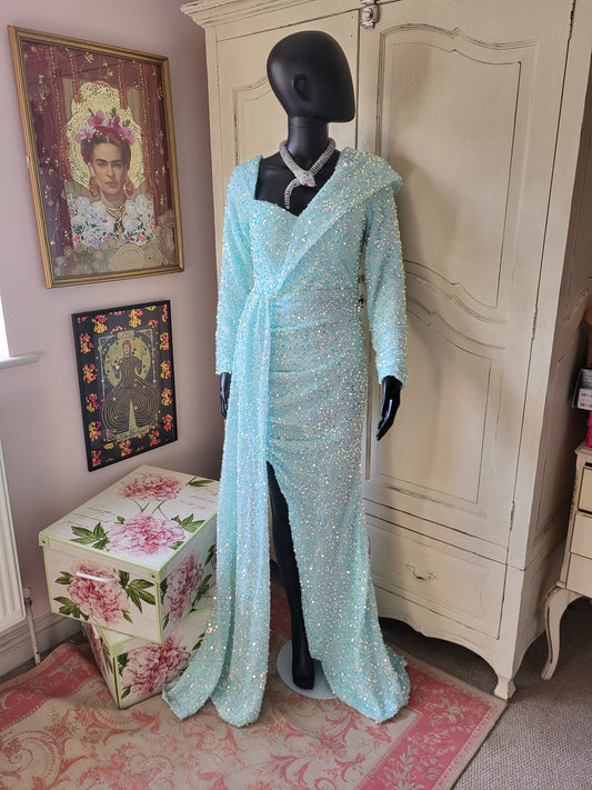 Aquamarine Full Length Sequin Embellished Gown