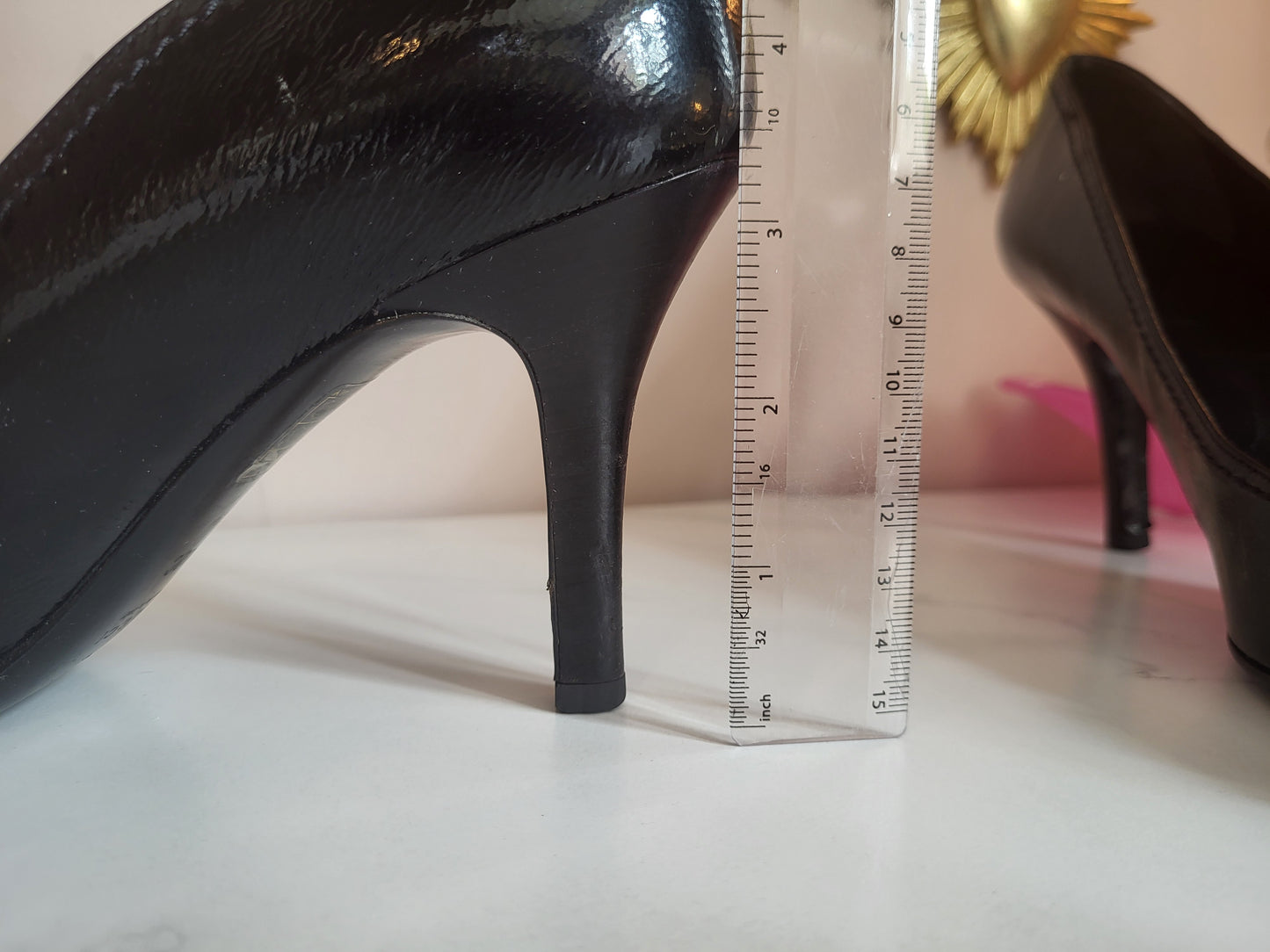 Gucci Patent Black Pump Heels with Brass Emblems