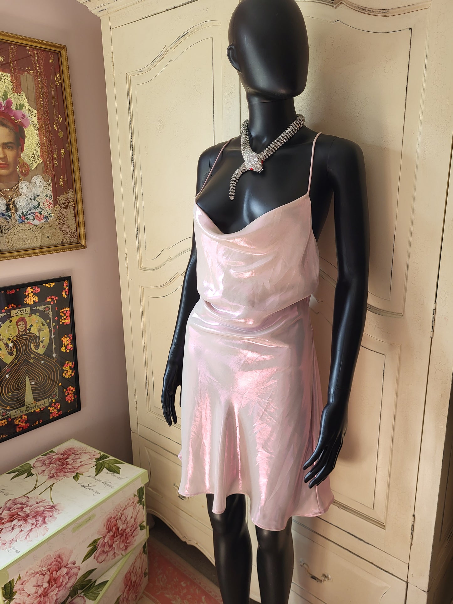 Zara Slinky Cowl Neck Irrediscent Pink Mini Dress