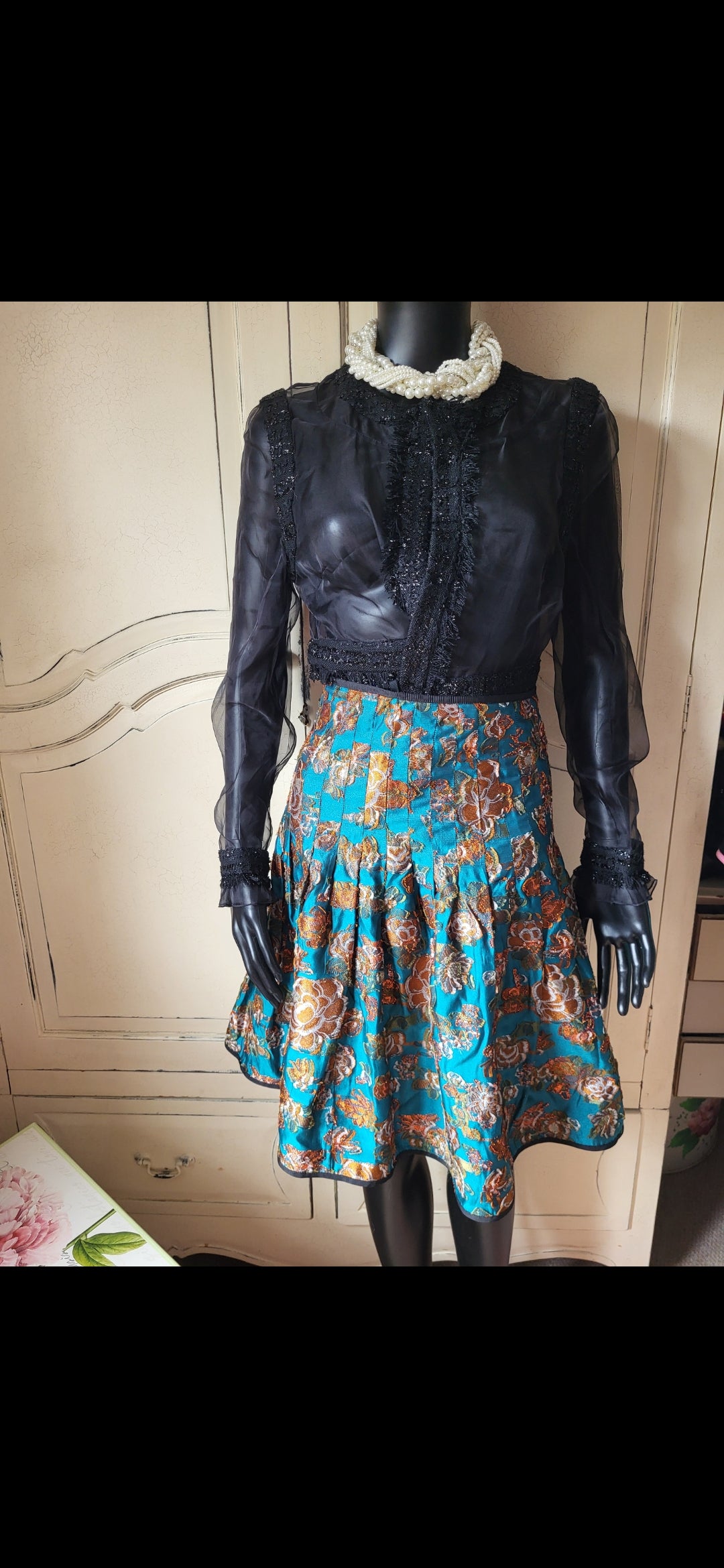 Vintage Silk Teal and Gold Brocade Skirt