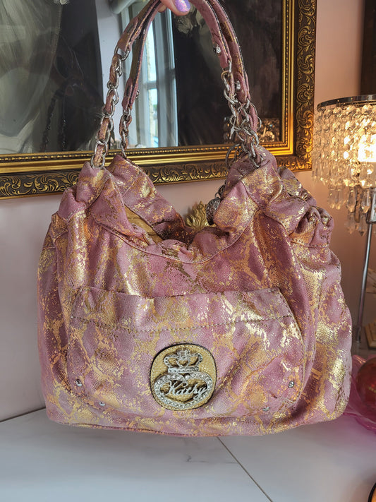 Kathy Van Zeeland Pink and Gold Hobo Slouch Bag