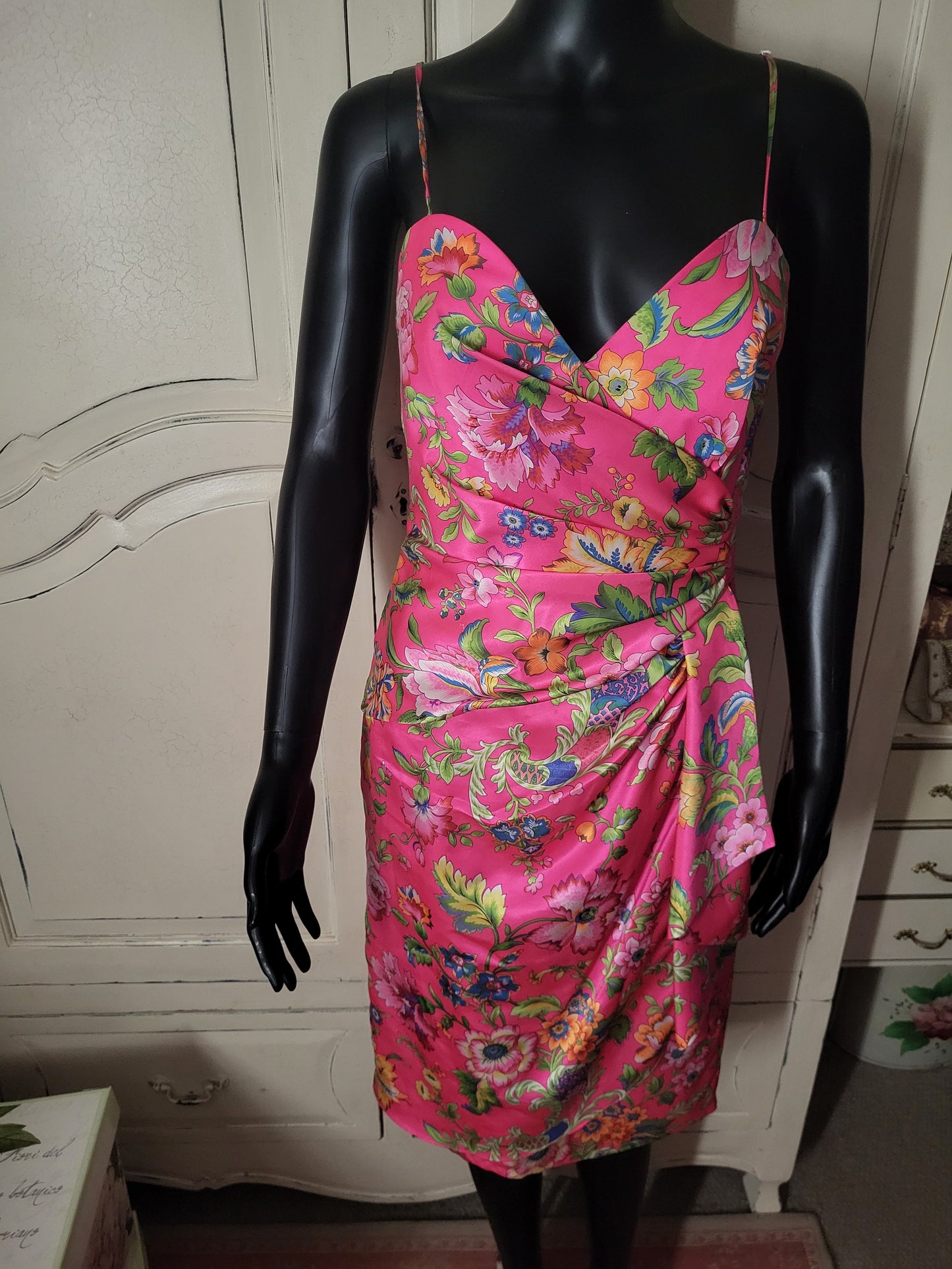 Vintage Satin Fuchsia Floral Print Frank Usher Dress