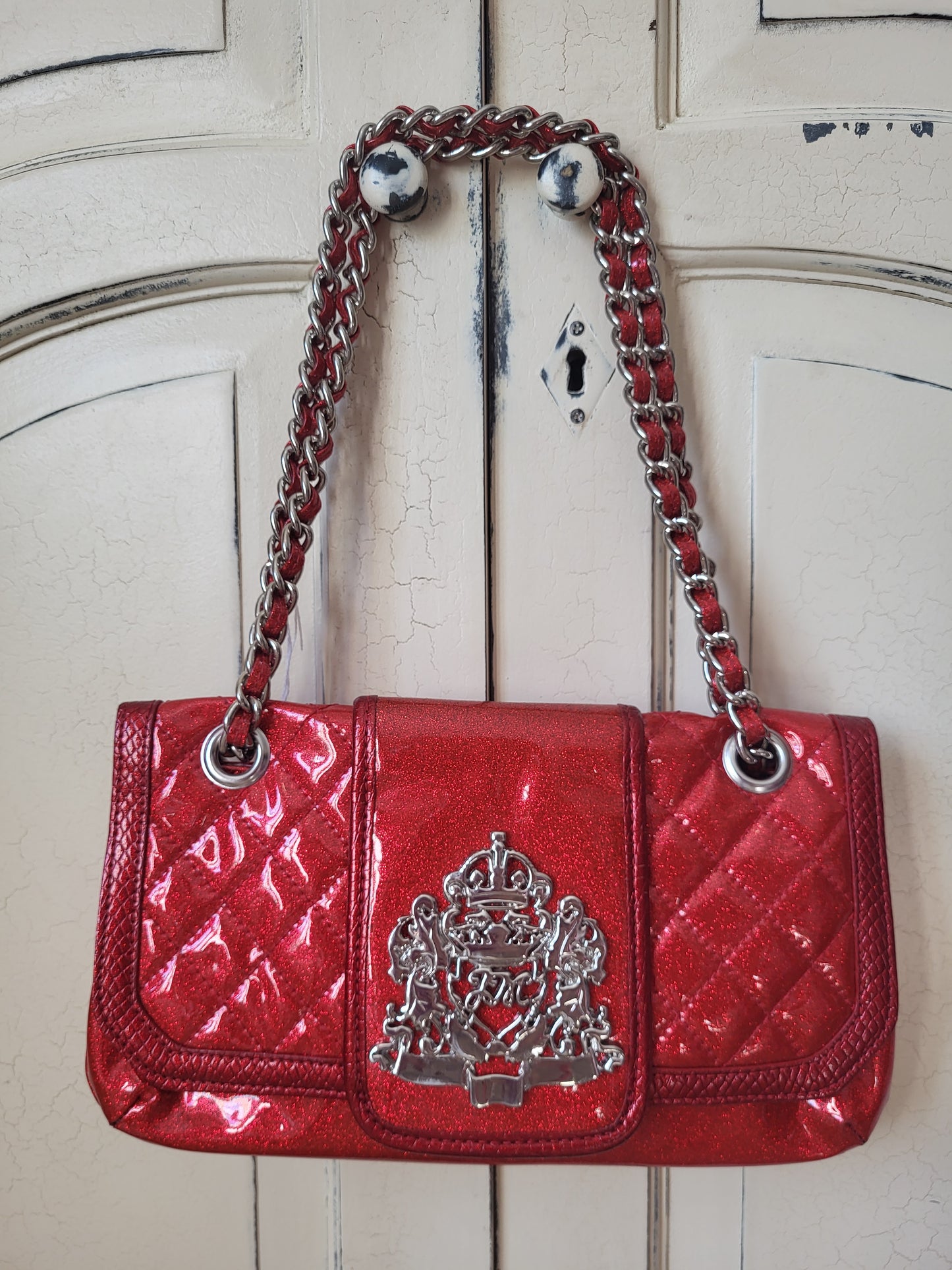 Julian Macdonald Red Patent Glitter Chain Bag with Silver Emblem