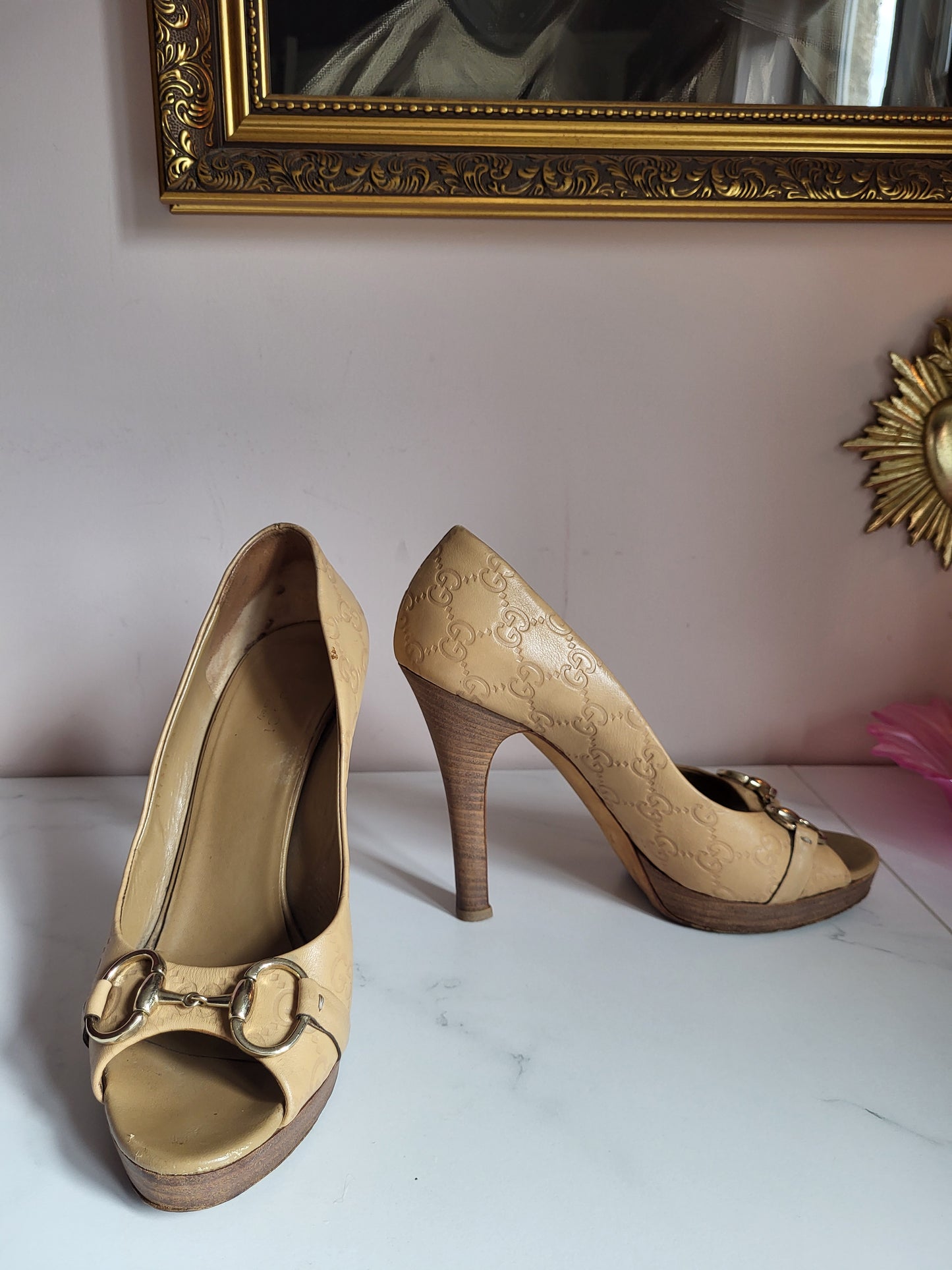 Gucci Tan Peep Toe Platform Heels