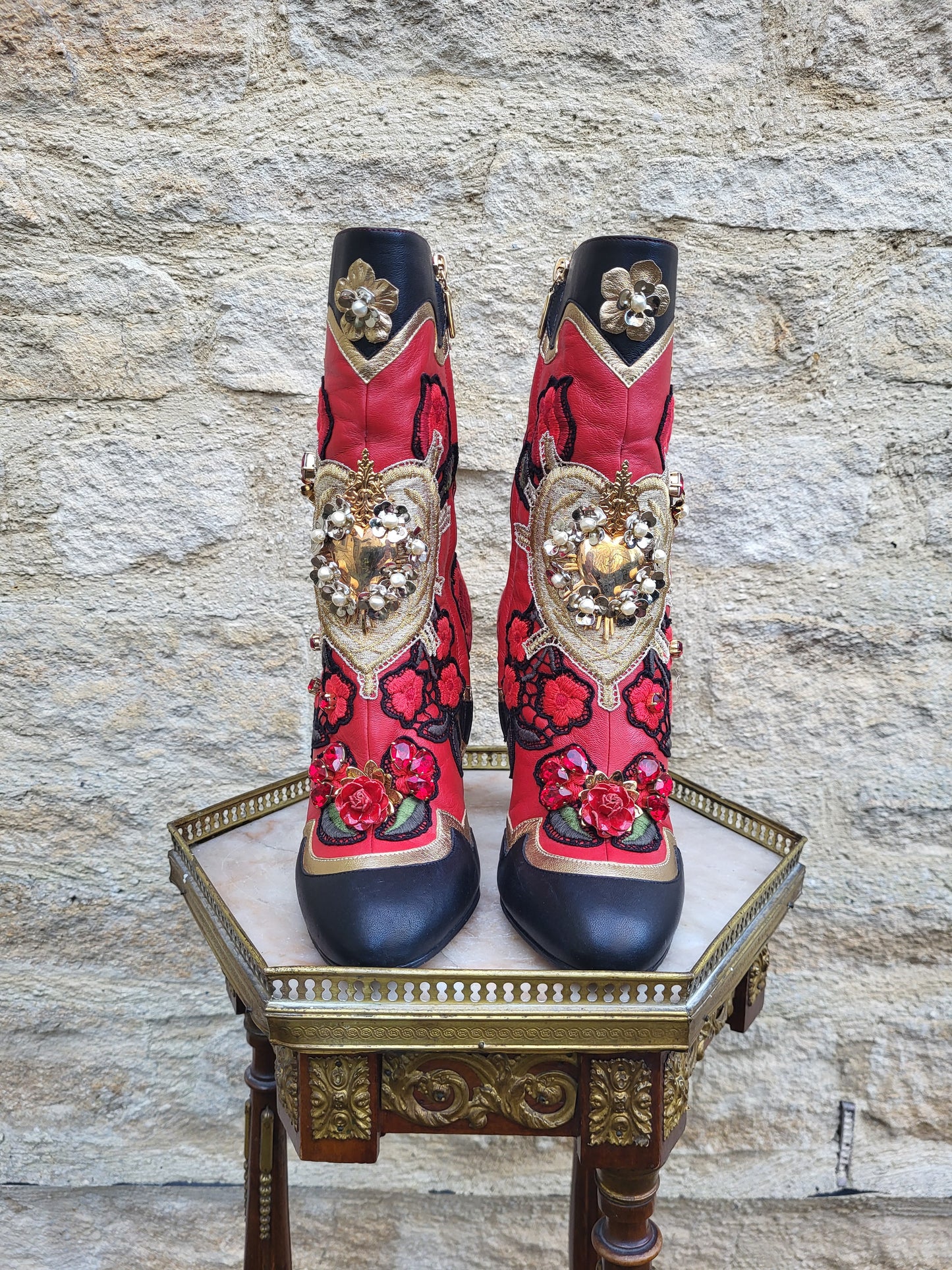 Dolce & Gabbana Baroque Embellished Red Leather Boots