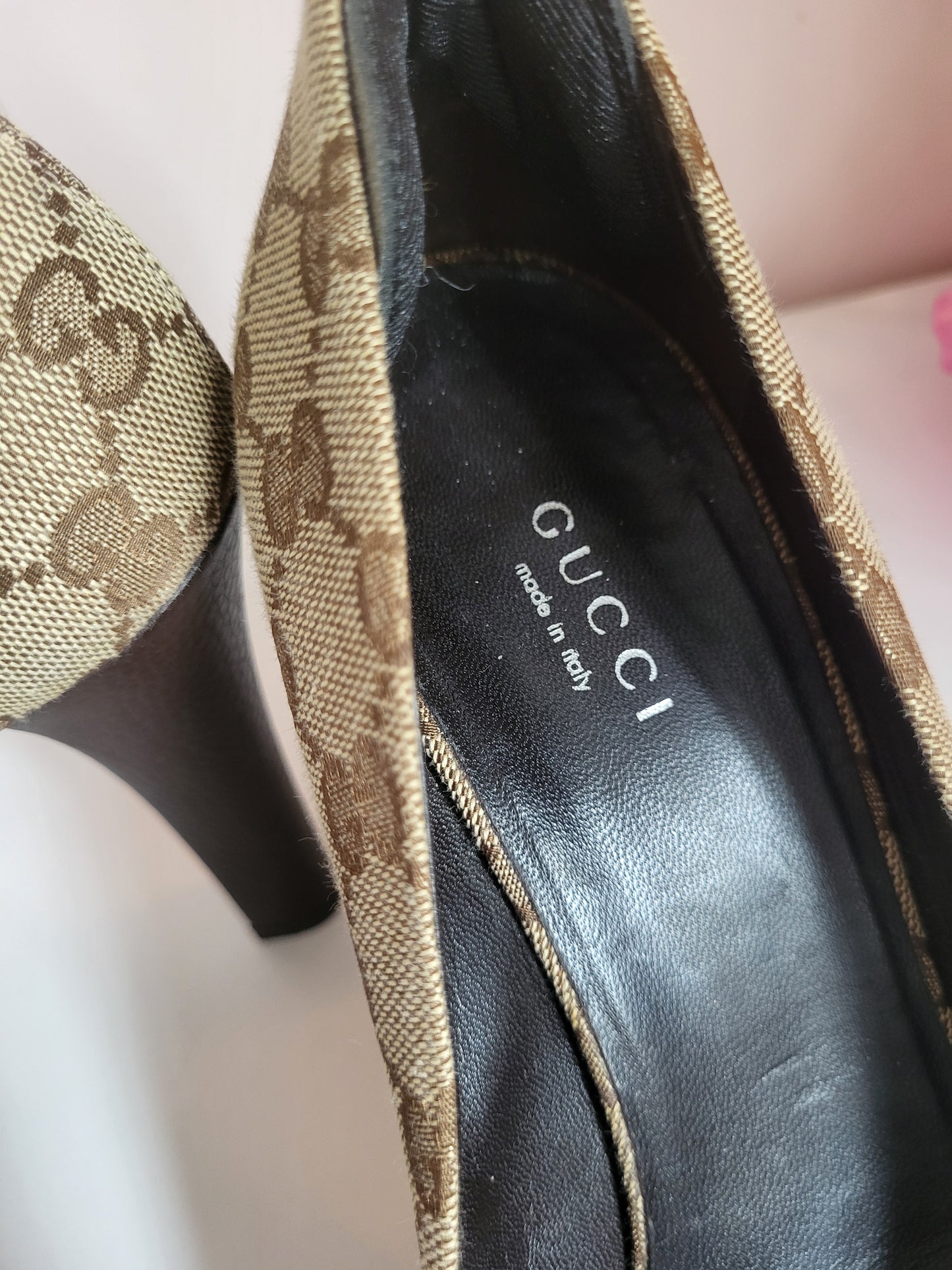 Gucci Platform Peep Toe Canvas Heels