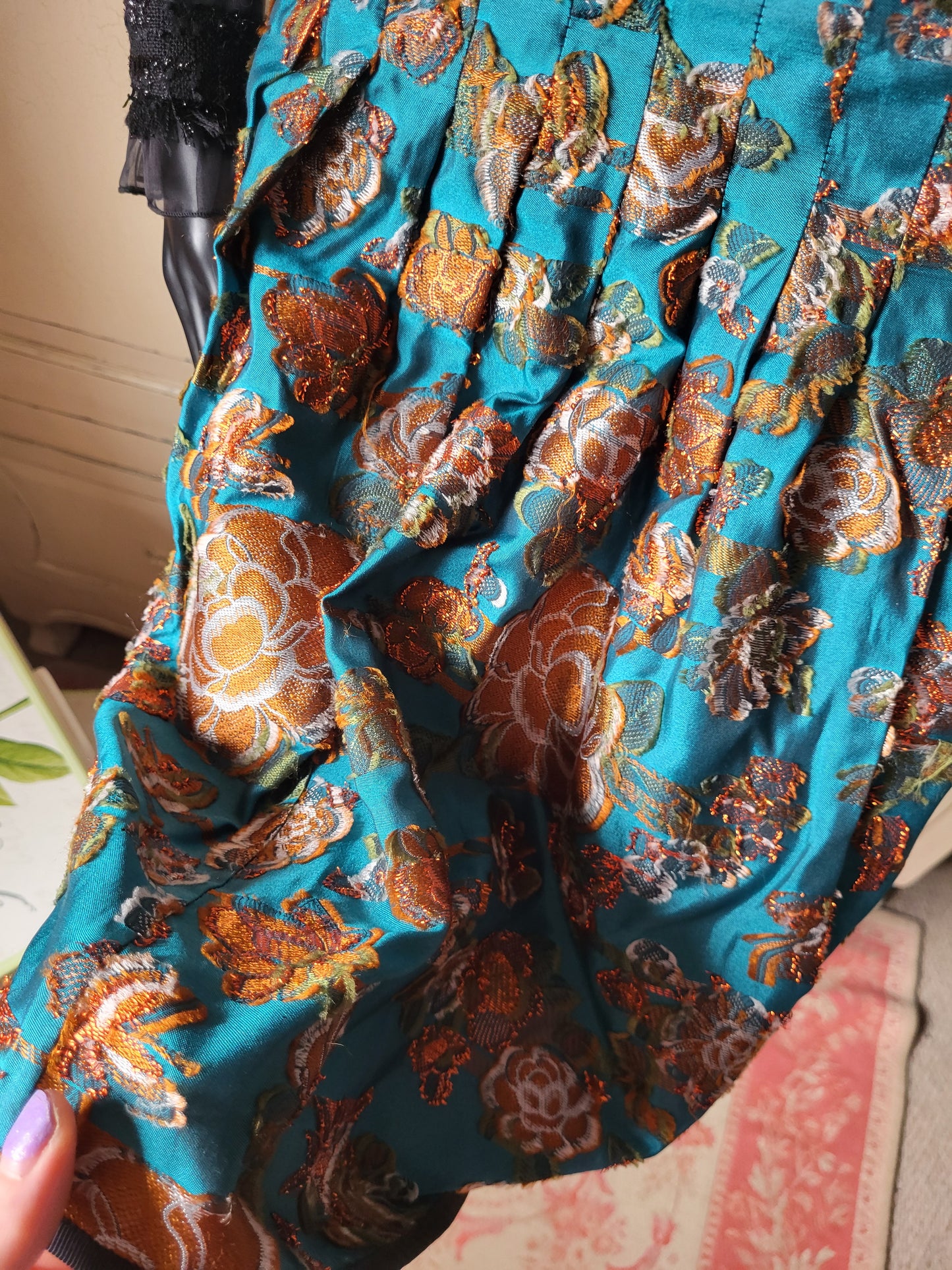 Vintage Silk Teal and Gold Brocade Skirt