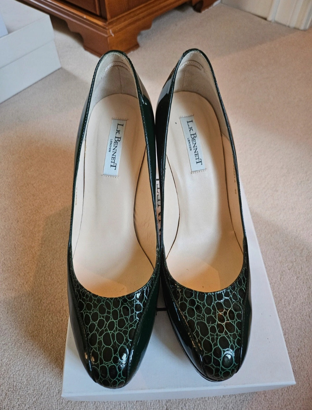 L.K Bennett Patent Olive Croc Stiletto Heels