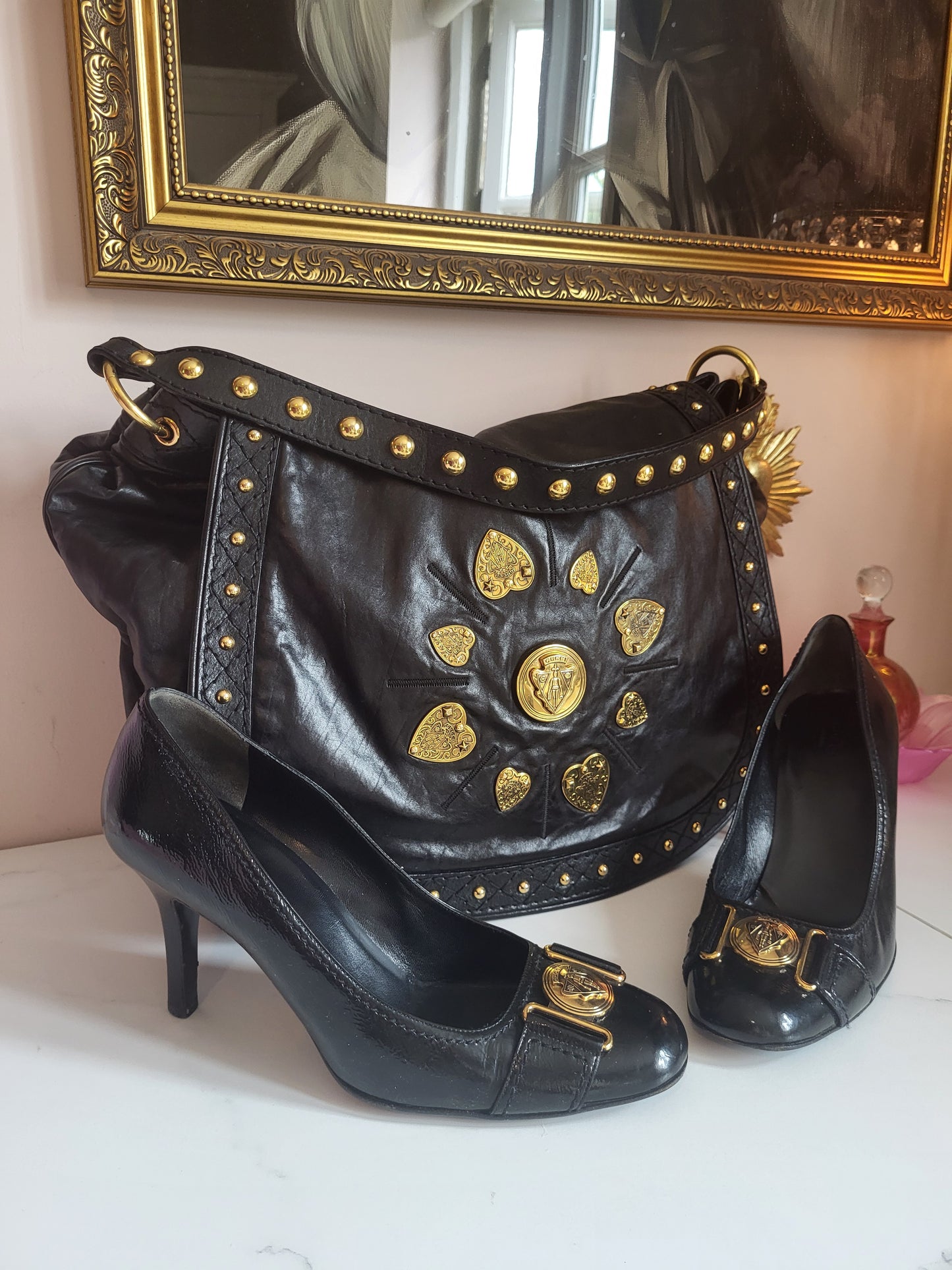 Gucci Patent Black Pump Heels with Brass Emblems
