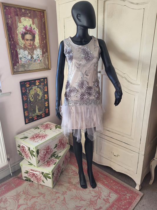 Vintage Silver Hand Embroidered Tulle Dress