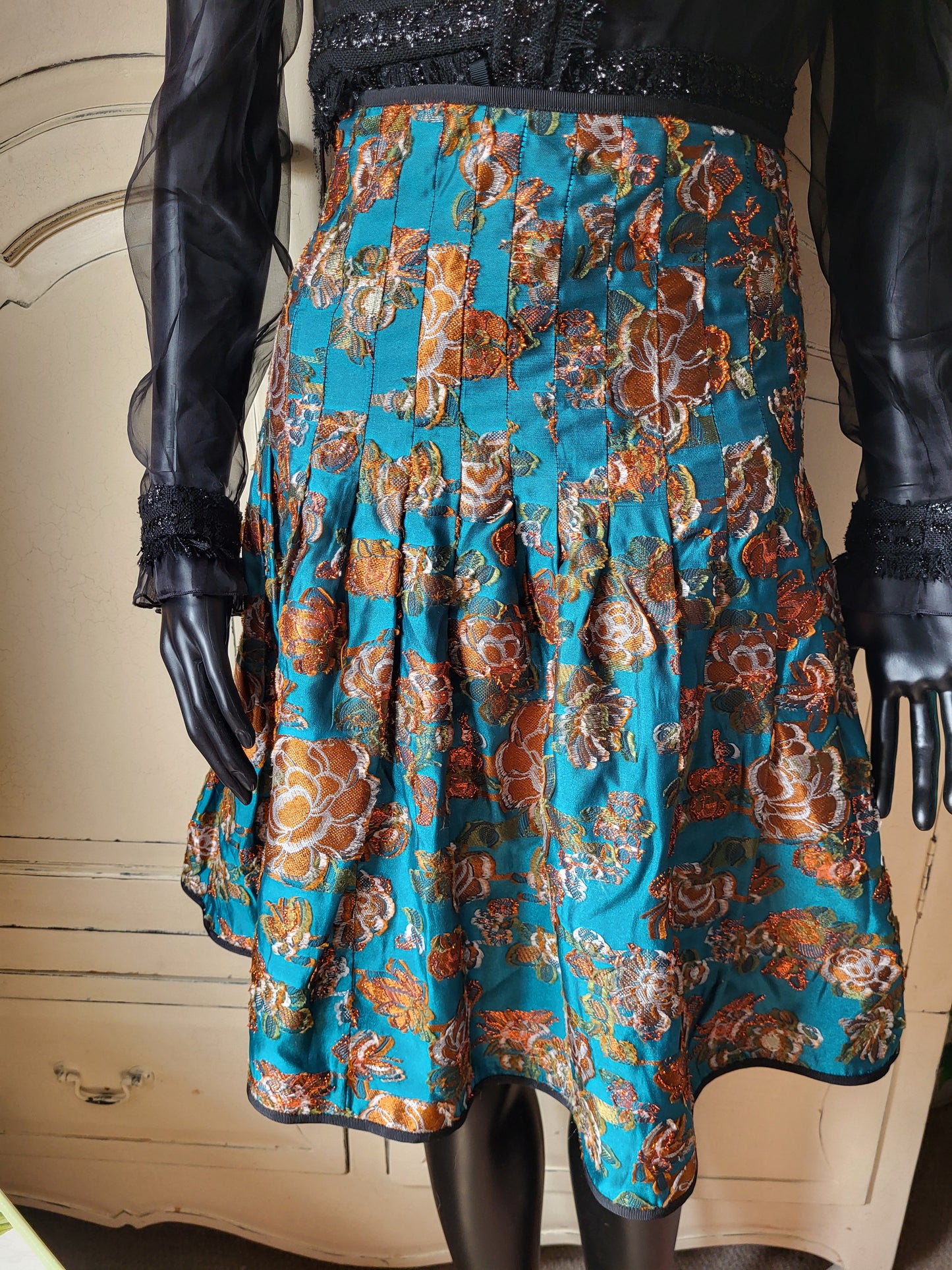 Vintage Silk Teal and Gold Brocade Skirt