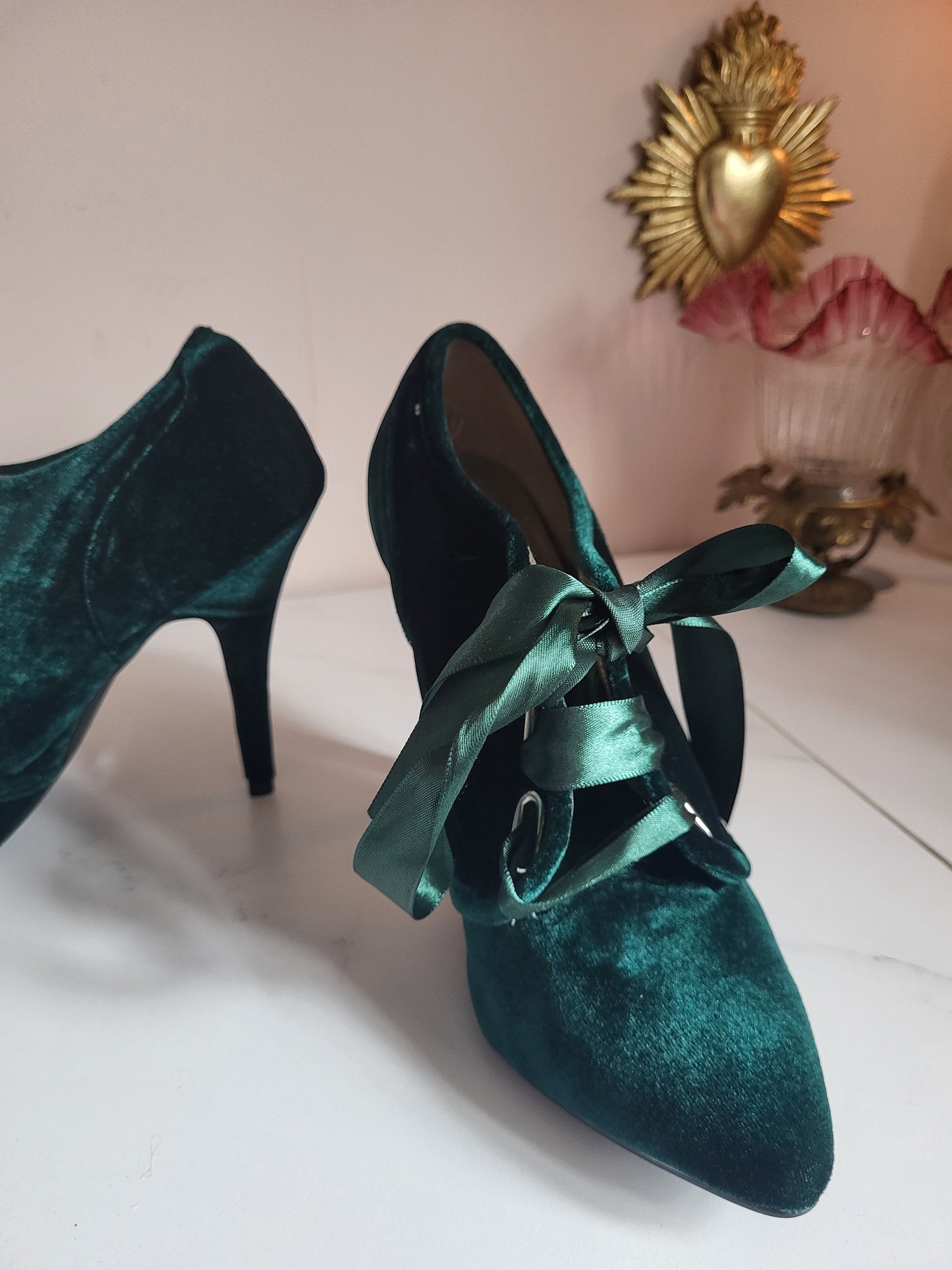 Emerald Velvet Ribbon-Tie Shoe Boots