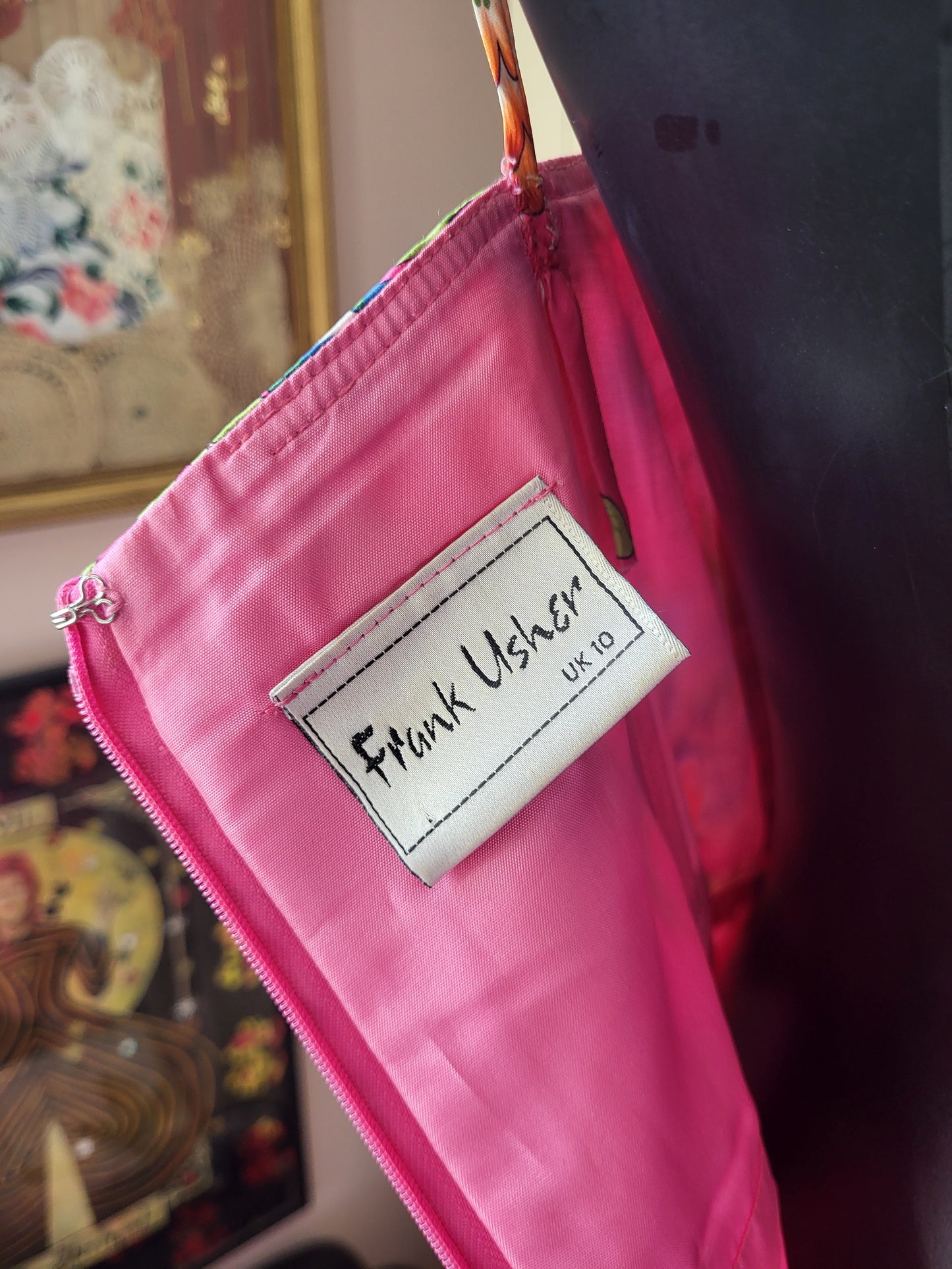 Vintage Satin Fuchsia Floral Print Frank Usher Dress