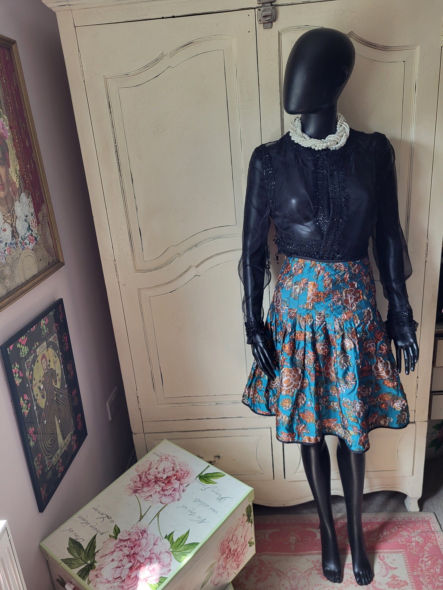 Vintage Silk Teal and Gold Brocade Skirt