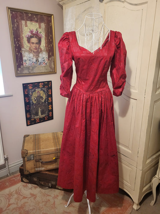 Rare 1980s Vintage Laura Ashley Scarlet Jacquard Cotton Gown