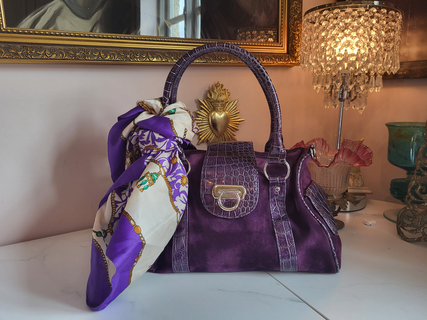Midnight Purple Velour Tote Bag with Faux Croc Detailing