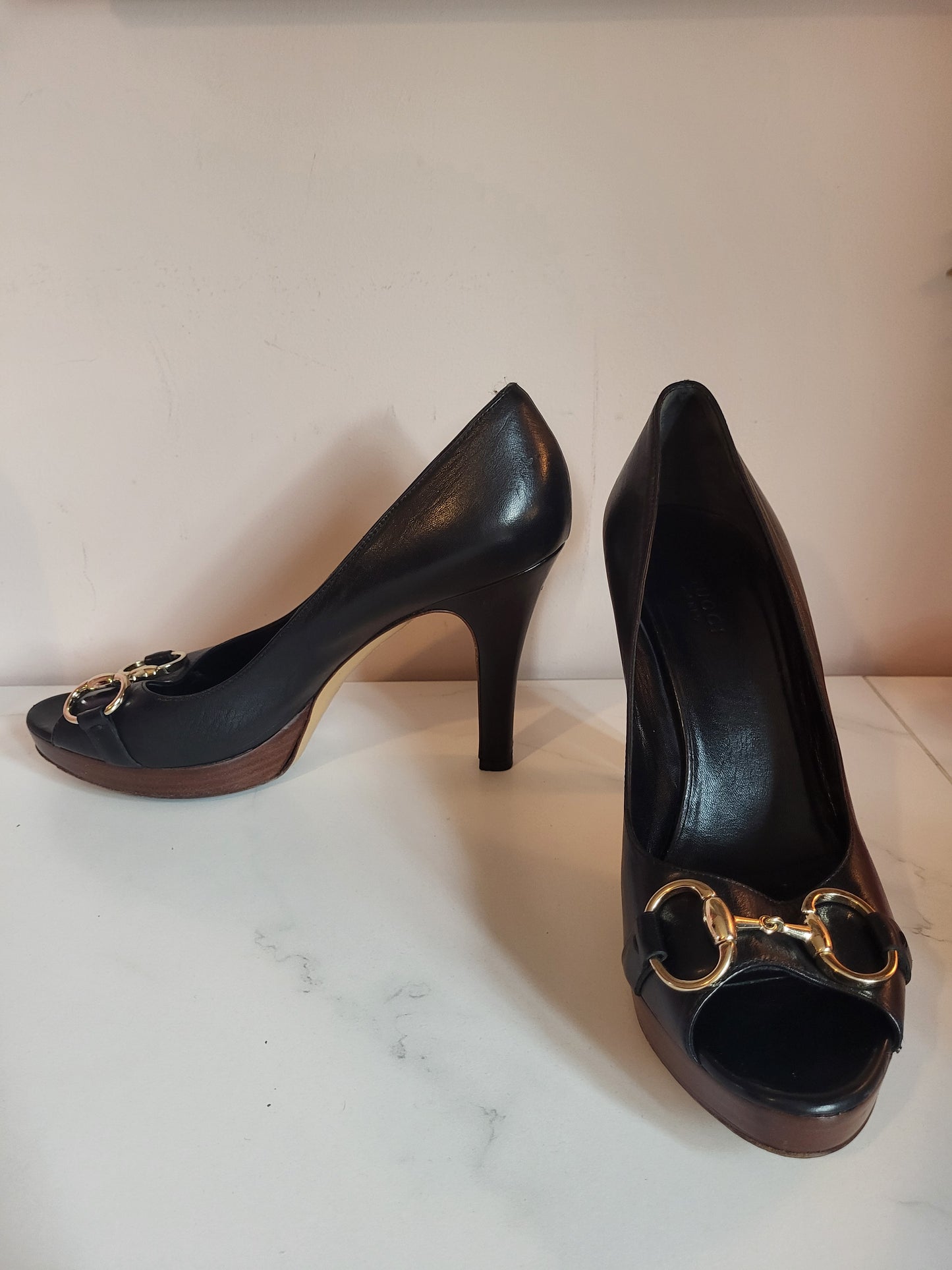 Gucci Black Classic Horsebit Peep Toe Platform Heels