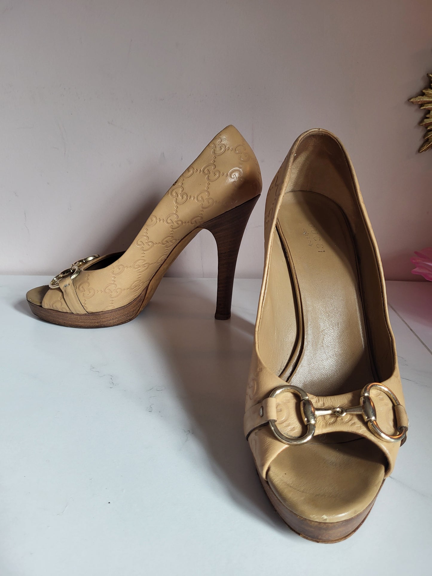 Gucci Tan Peep Toe Platform Heels