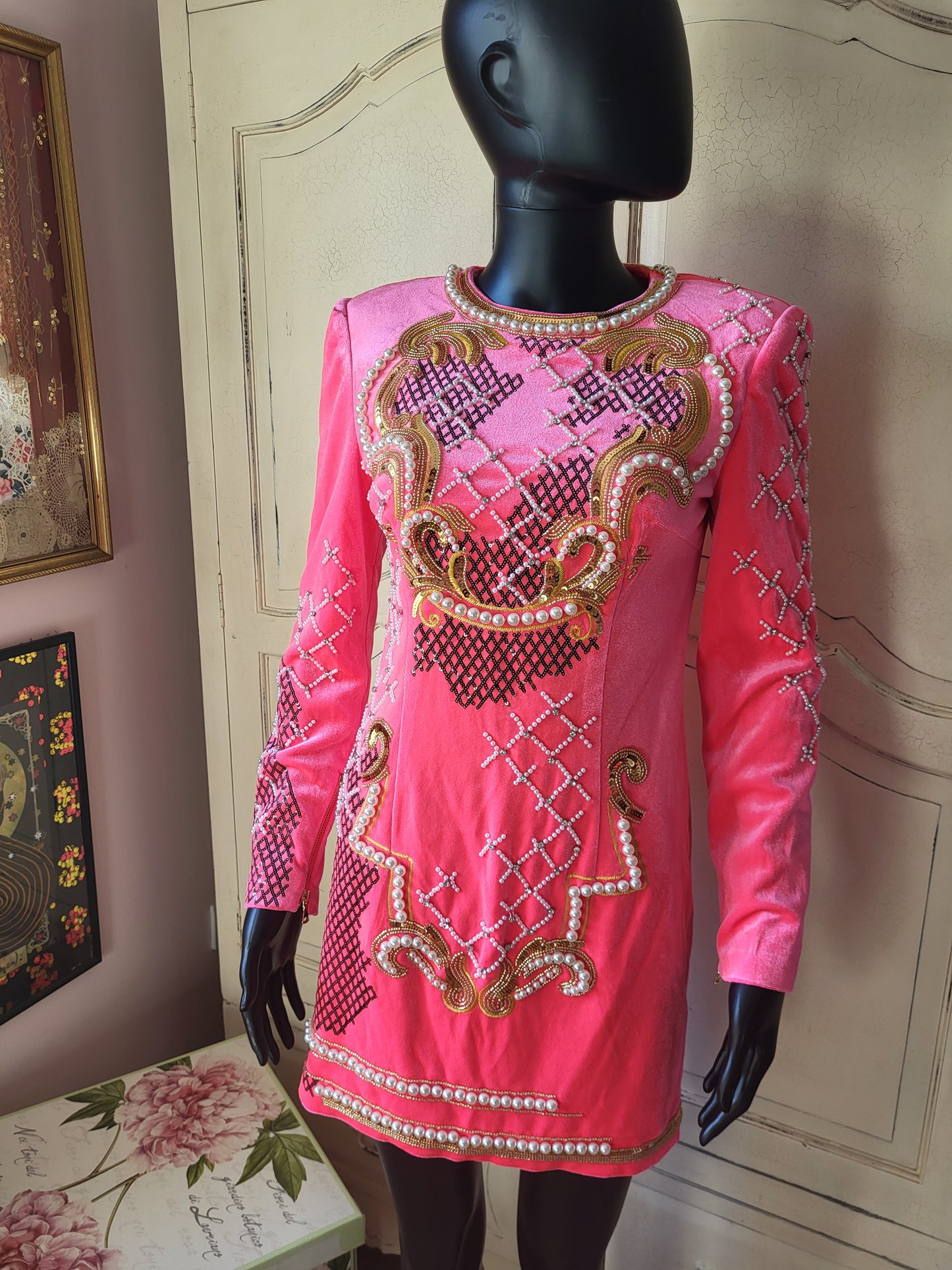 Velour Neon Pink Embellished Shift Dress