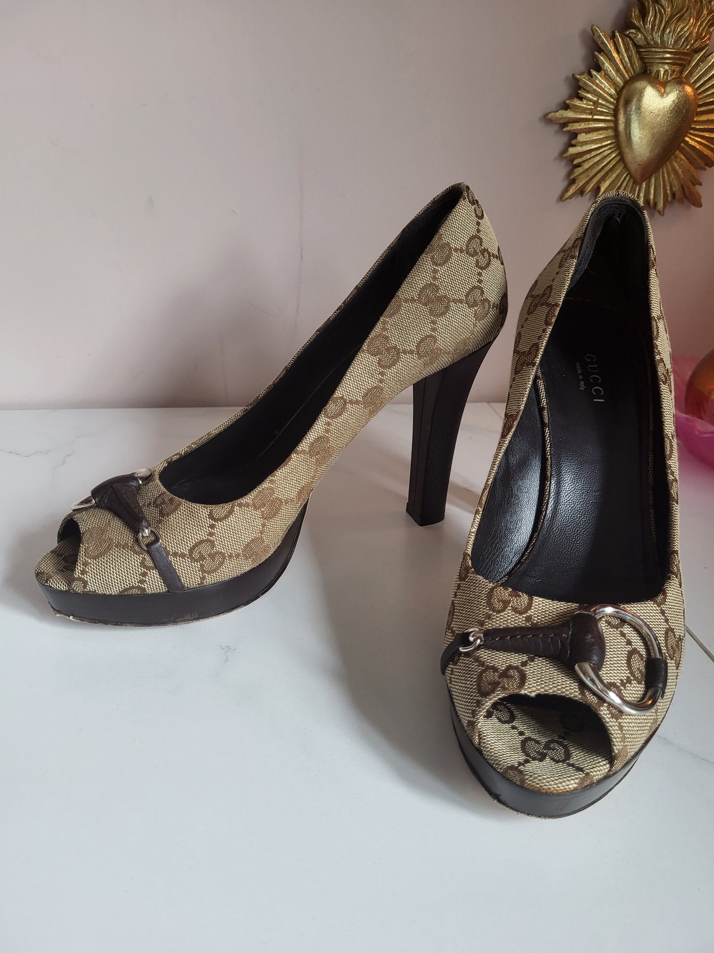 Gucci Platform Peep Toe Canvas Heels