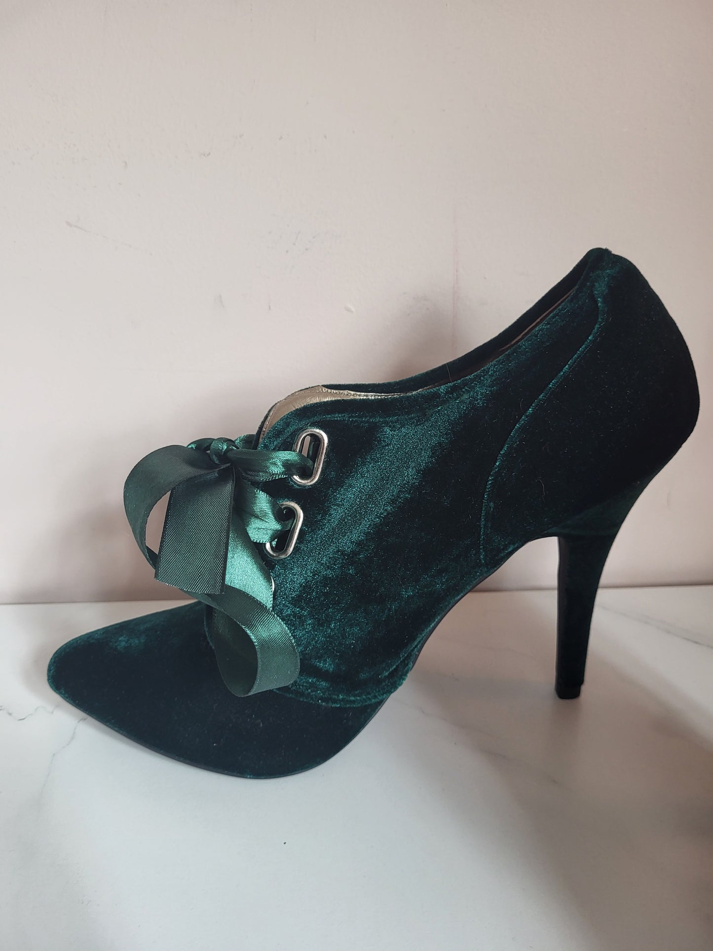 Emerald Velvet Ribbon-Tie Shoe Boots