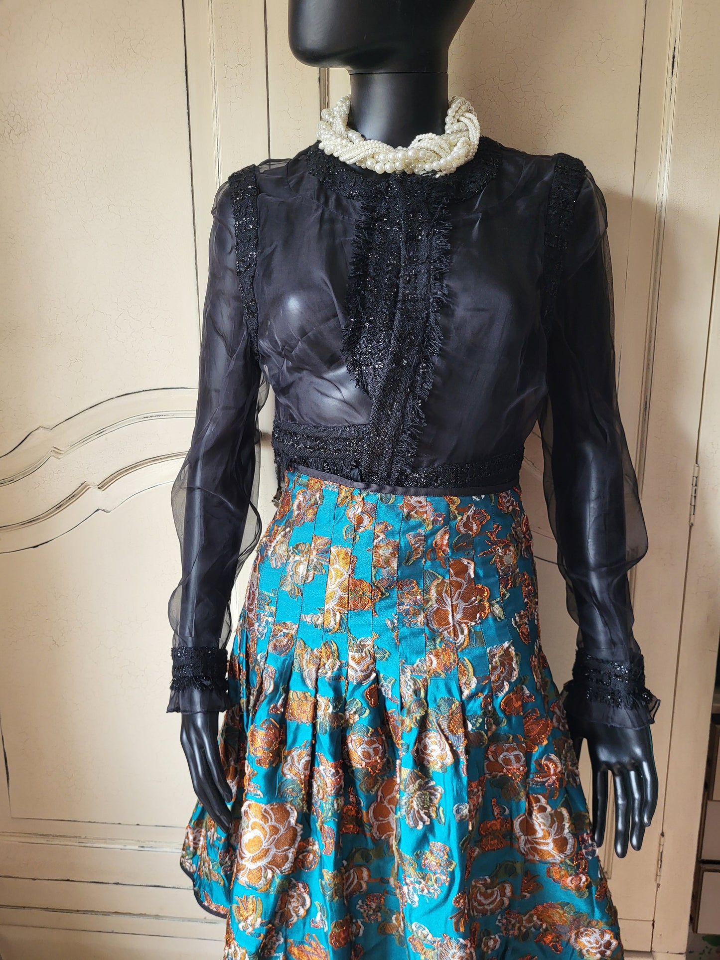 Vintage Silk Teal and Gold Brocade Skirt
