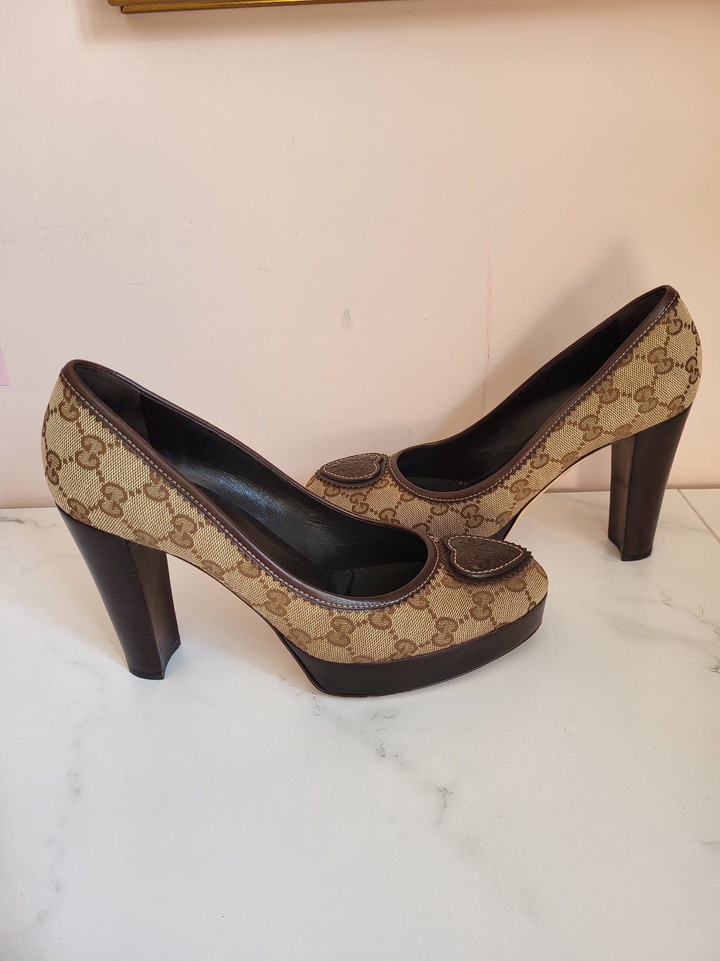Gucci Leather Lined Classic Print Platform Heels