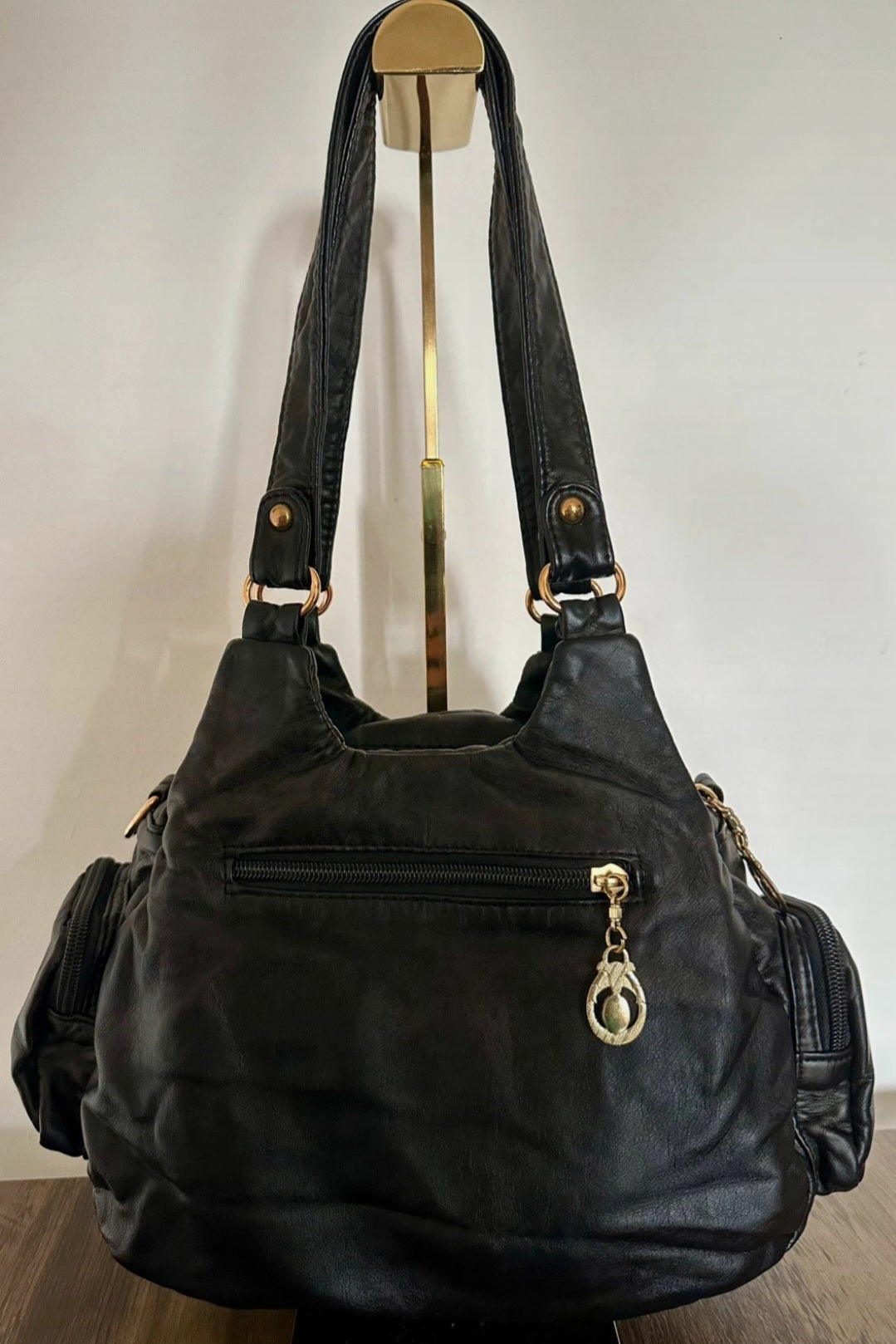 Vintage Black Faux Leather Handbag with Gold Tone Hardware