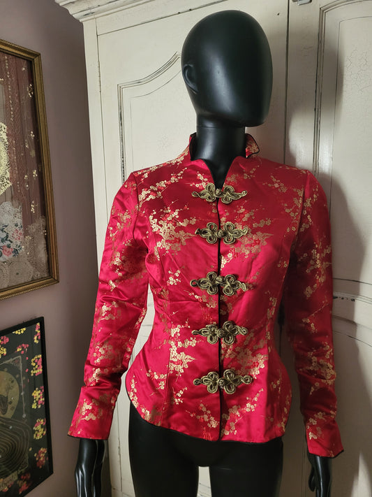 Tailor Lau Silk Red Floral Jacquard Jacket with Gold Brocade fastenings