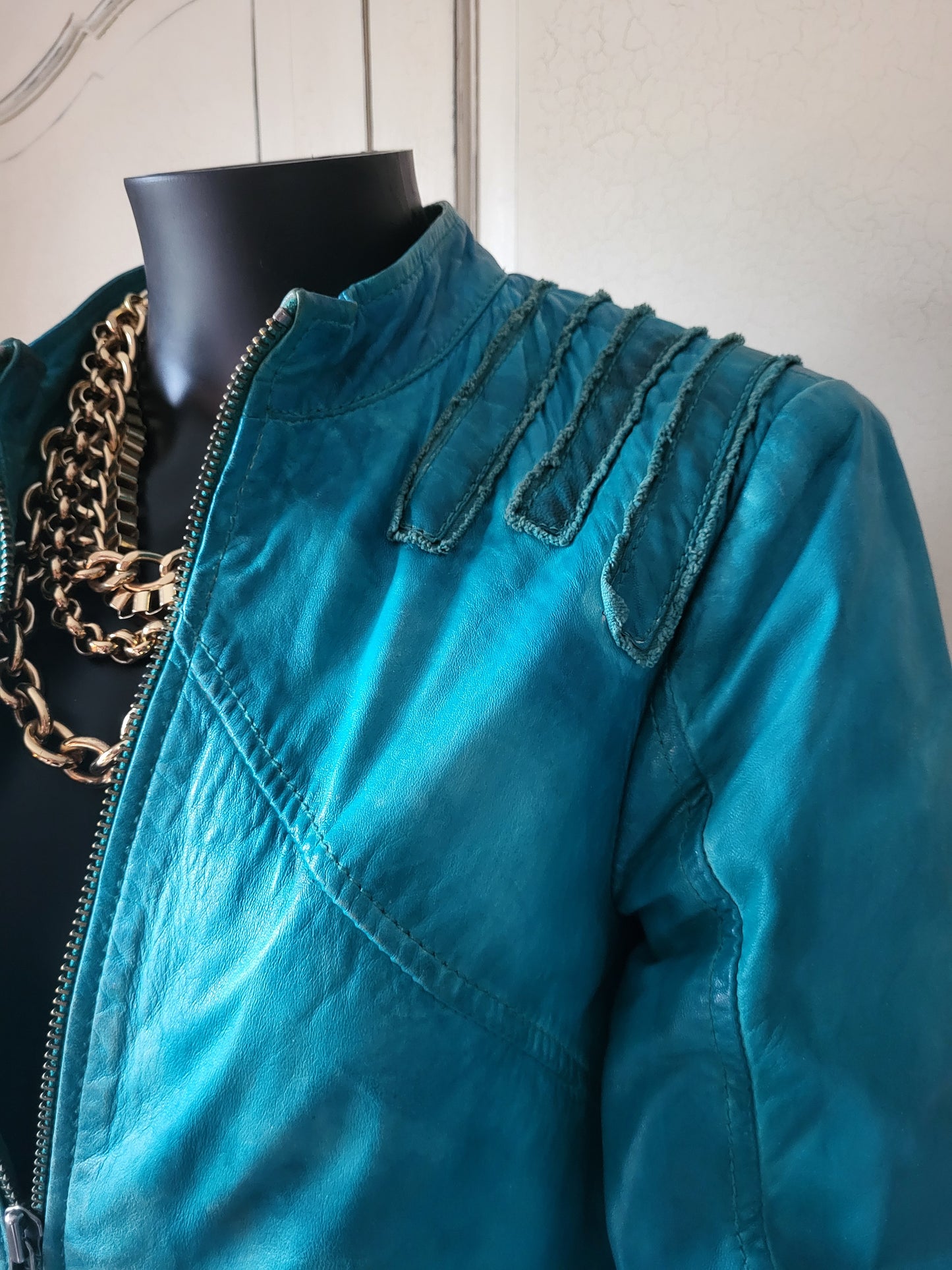 Vintage Maje Turquoise Distressed Leather Jacket
