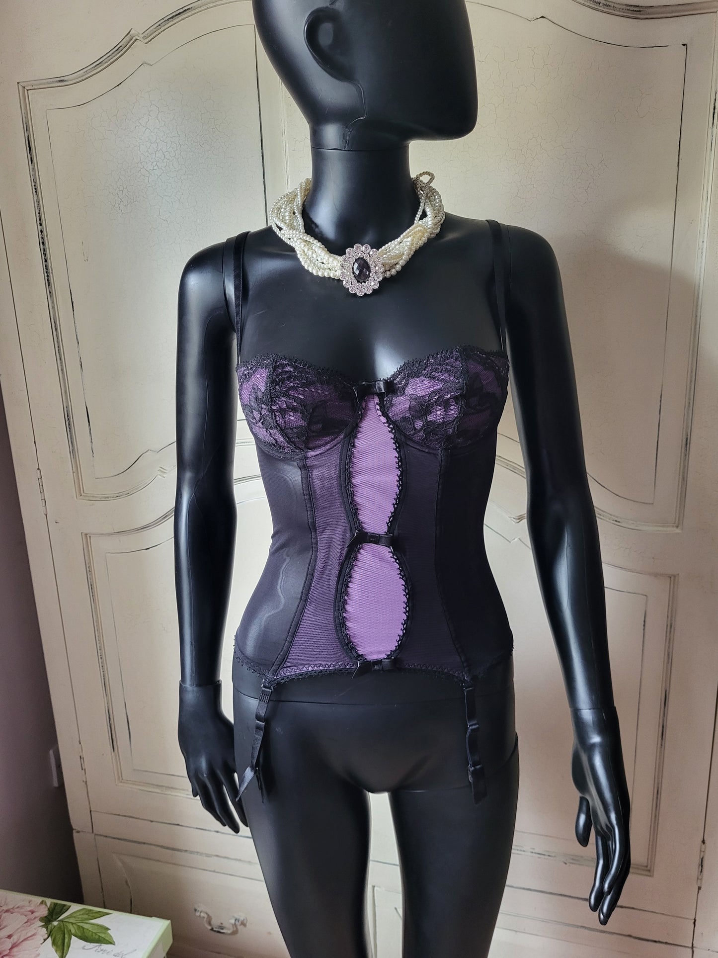 Vintage Aubade Lilac and Black Lace Basque
