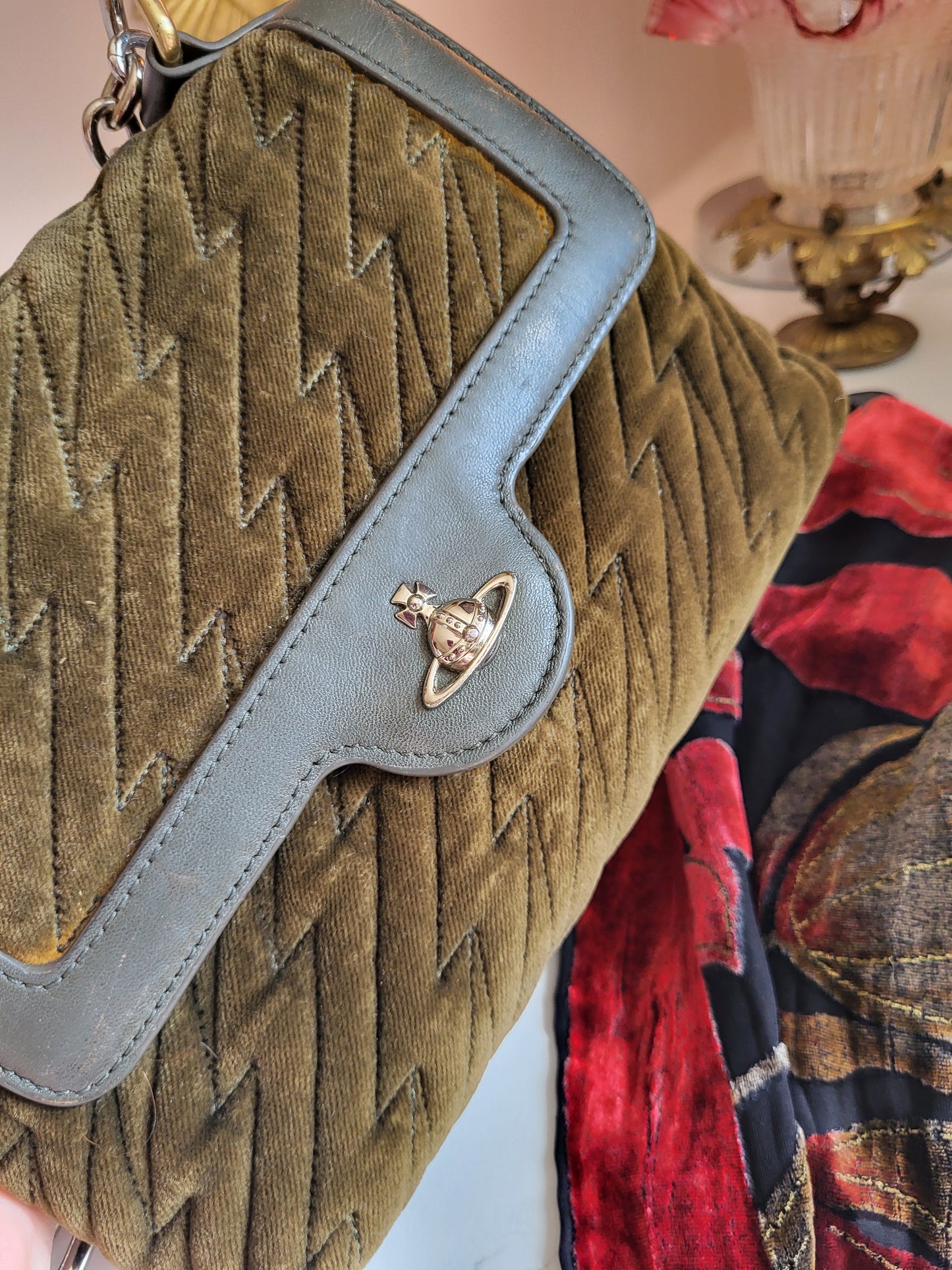 Vintage Vivienne Westwood Olive Velvet Shoulder Bag
