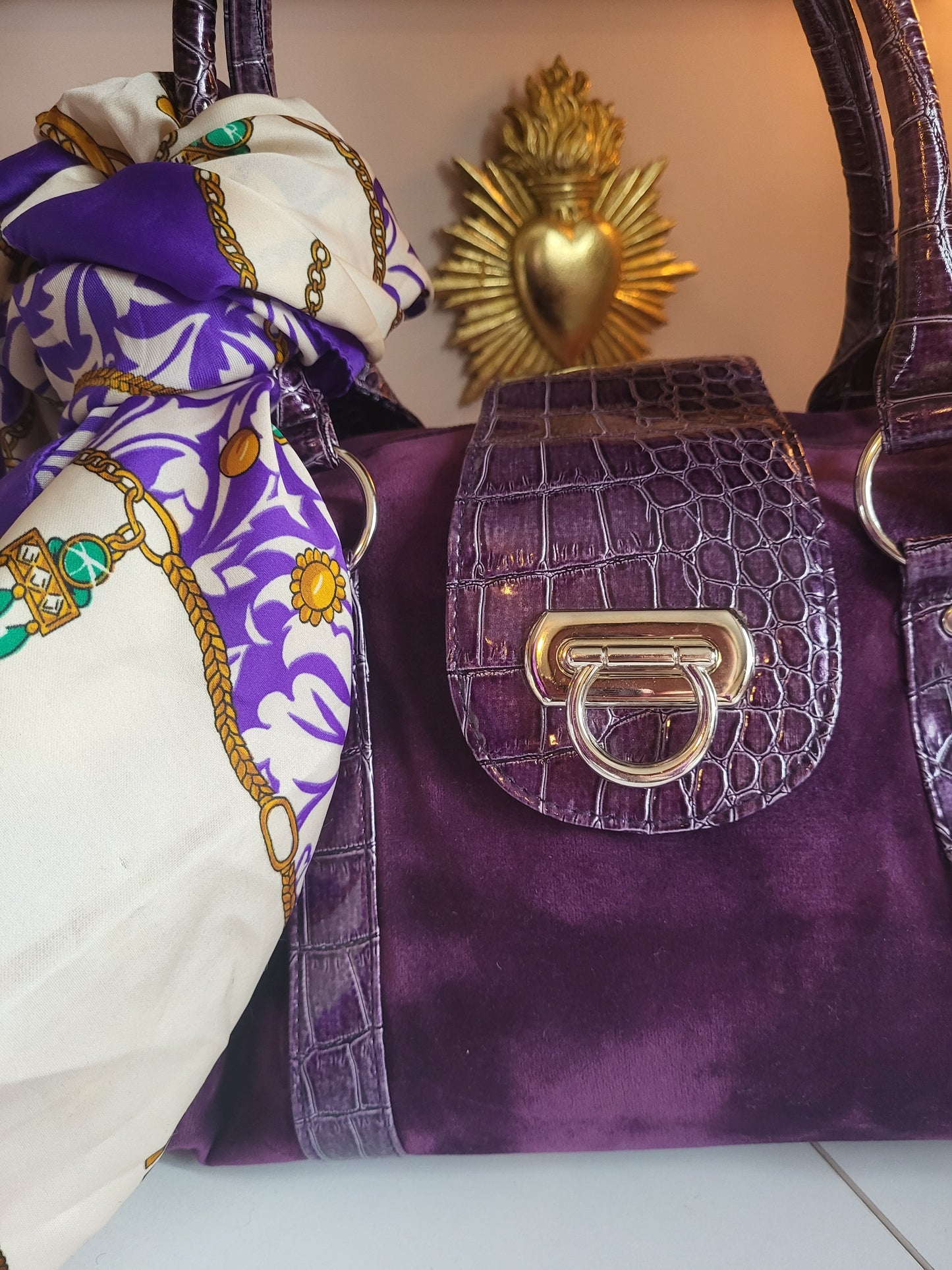 Midnight Purple Velour Tote Bag with Faux Croc Detailing