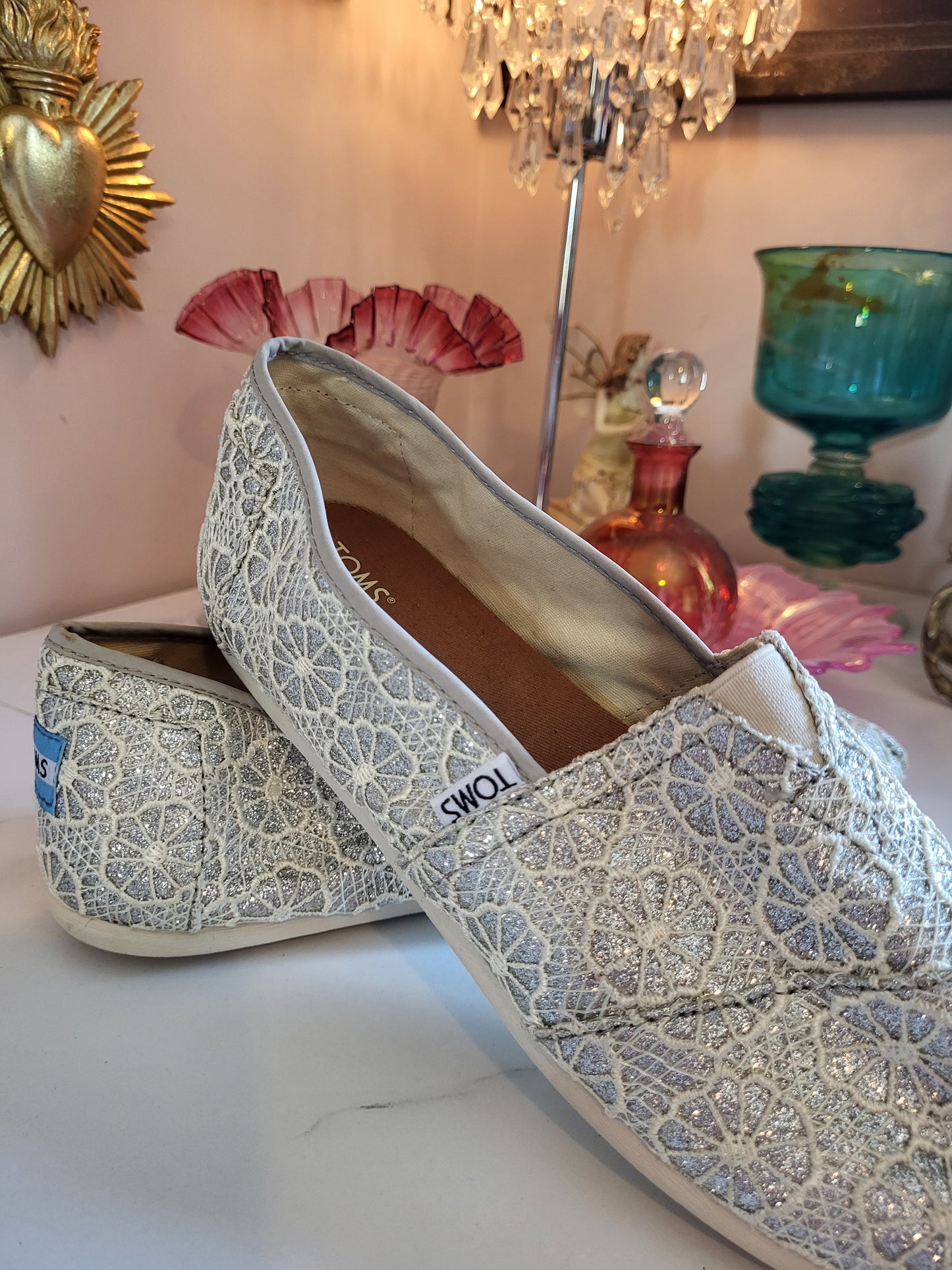TOMS Soft Silver Shimmer Slip on Espadrilles