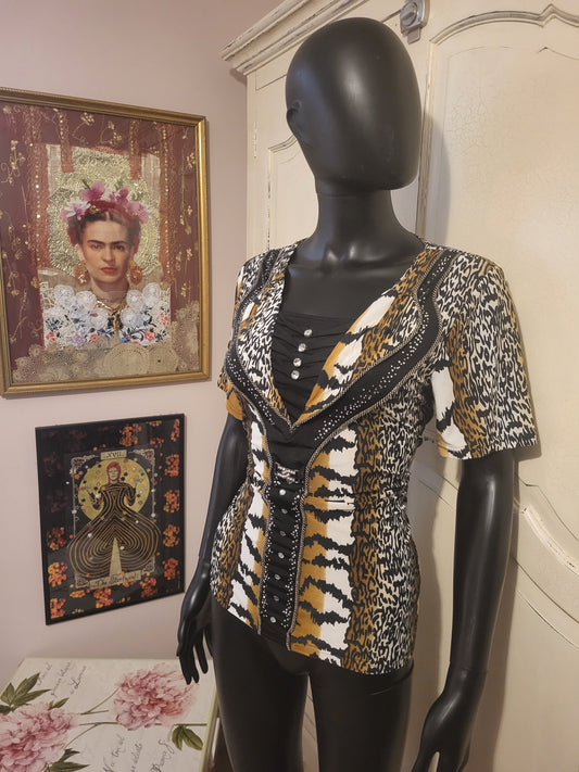 Aleny Animal Print & Stud Detail Stretch Top