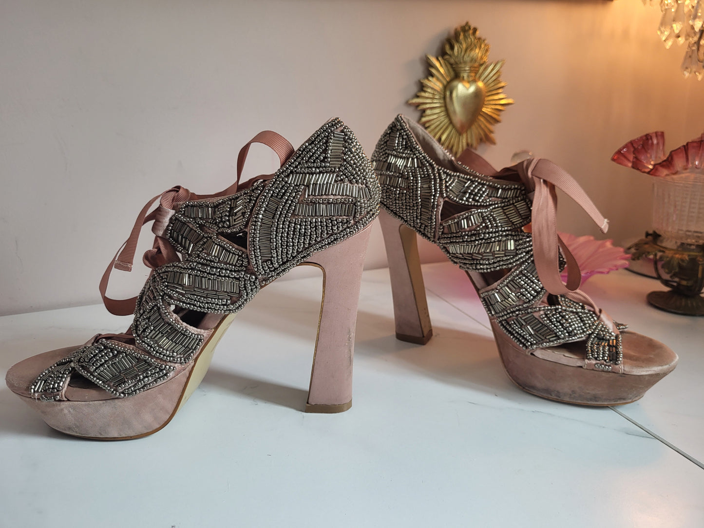 Vintage Fully Leather Lined Satin and Beaded Shoes