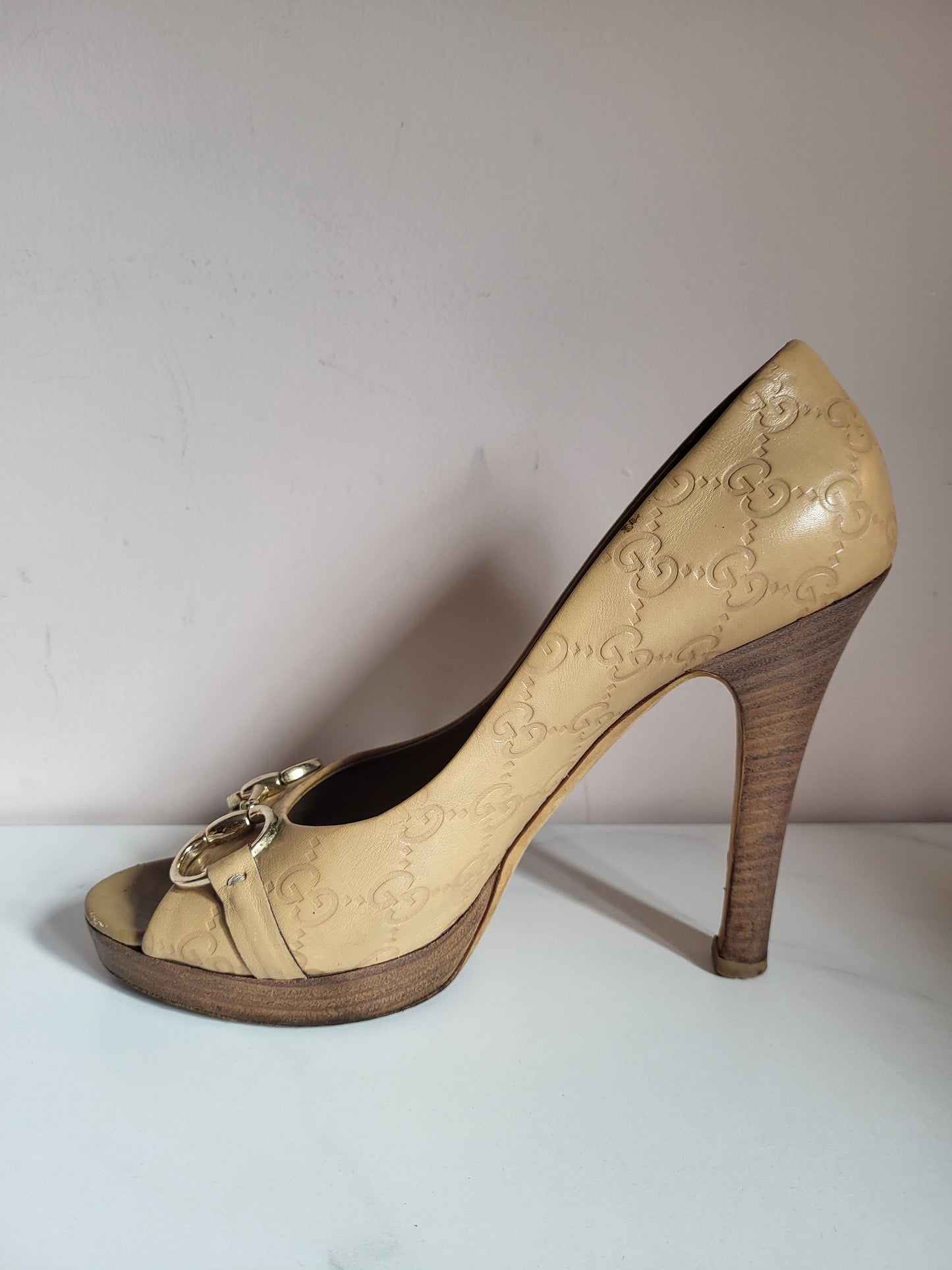 Gucci Tan Peep Toe Platform Heels