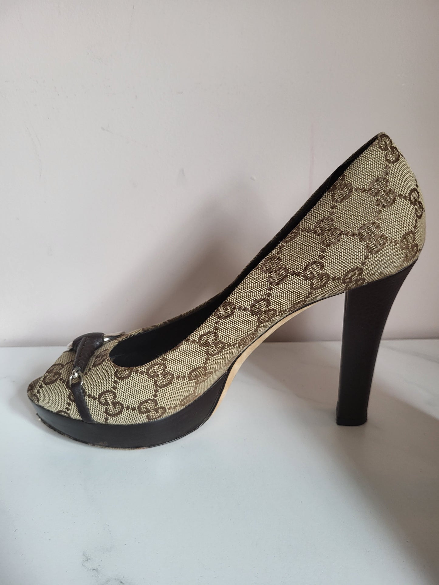 Gucci Platform Peep Toe Canvas Heels