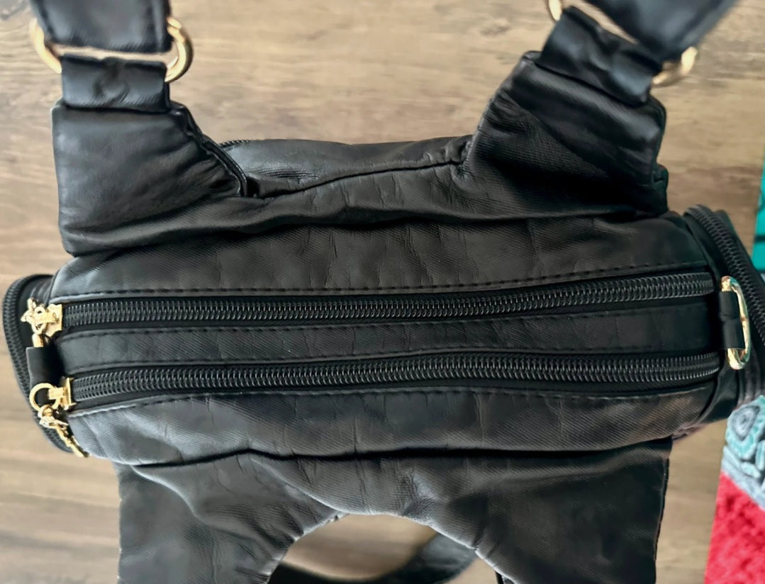 Vintage Black Faux Leather Handbag with Gold Tone Hardware