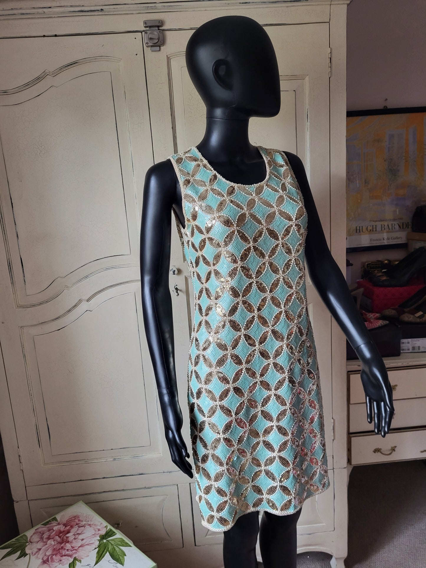 Vintage Turquoise Sequin Shift Dress