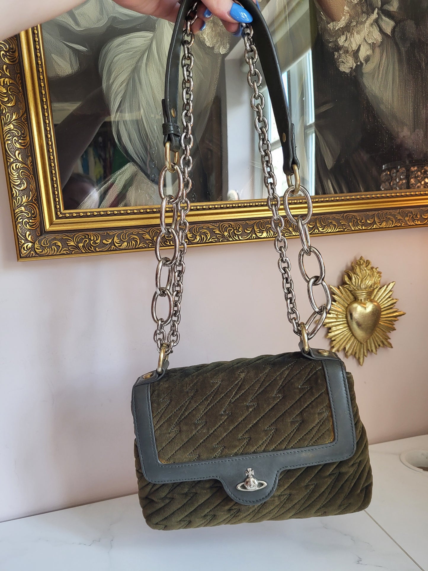 Vintage Vivienne Westwood Olive Velvet Shoulder Bag