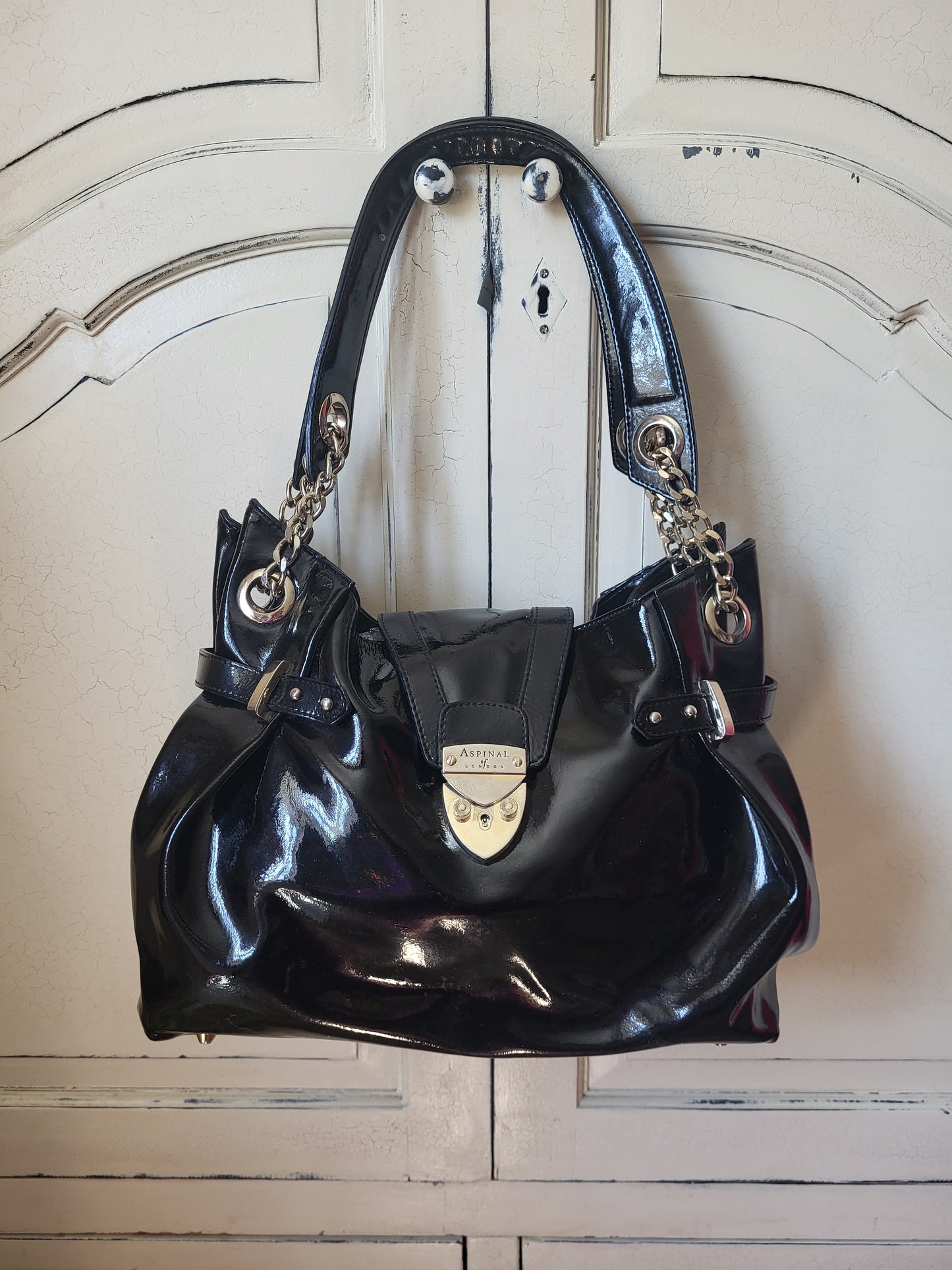Aspinal of London Patent Black Slouch Hobo Bag