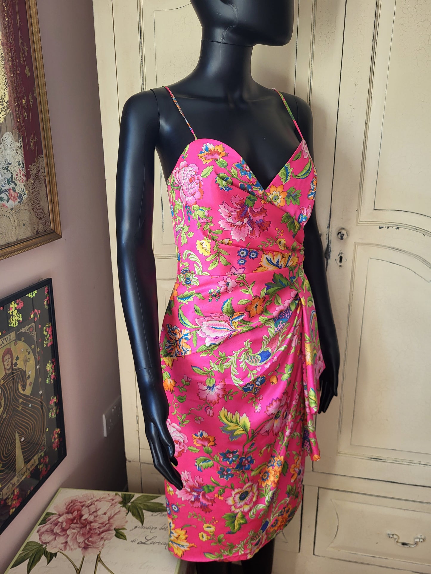Vintage Satin Fuchsia Floral Print Frank Usher Dress