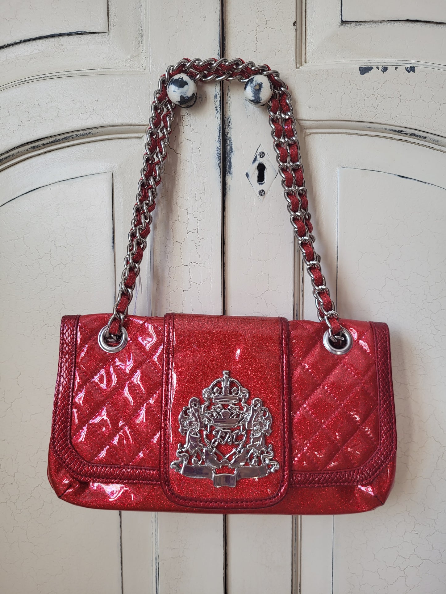 Julian Macdonald Red Patent Glitter Chain Bag with Silver Emblem