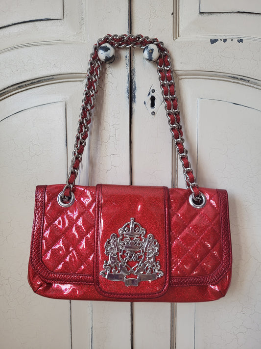 Julian Macdonald Red Patent Glitter Chain Bag with Silver Emblem