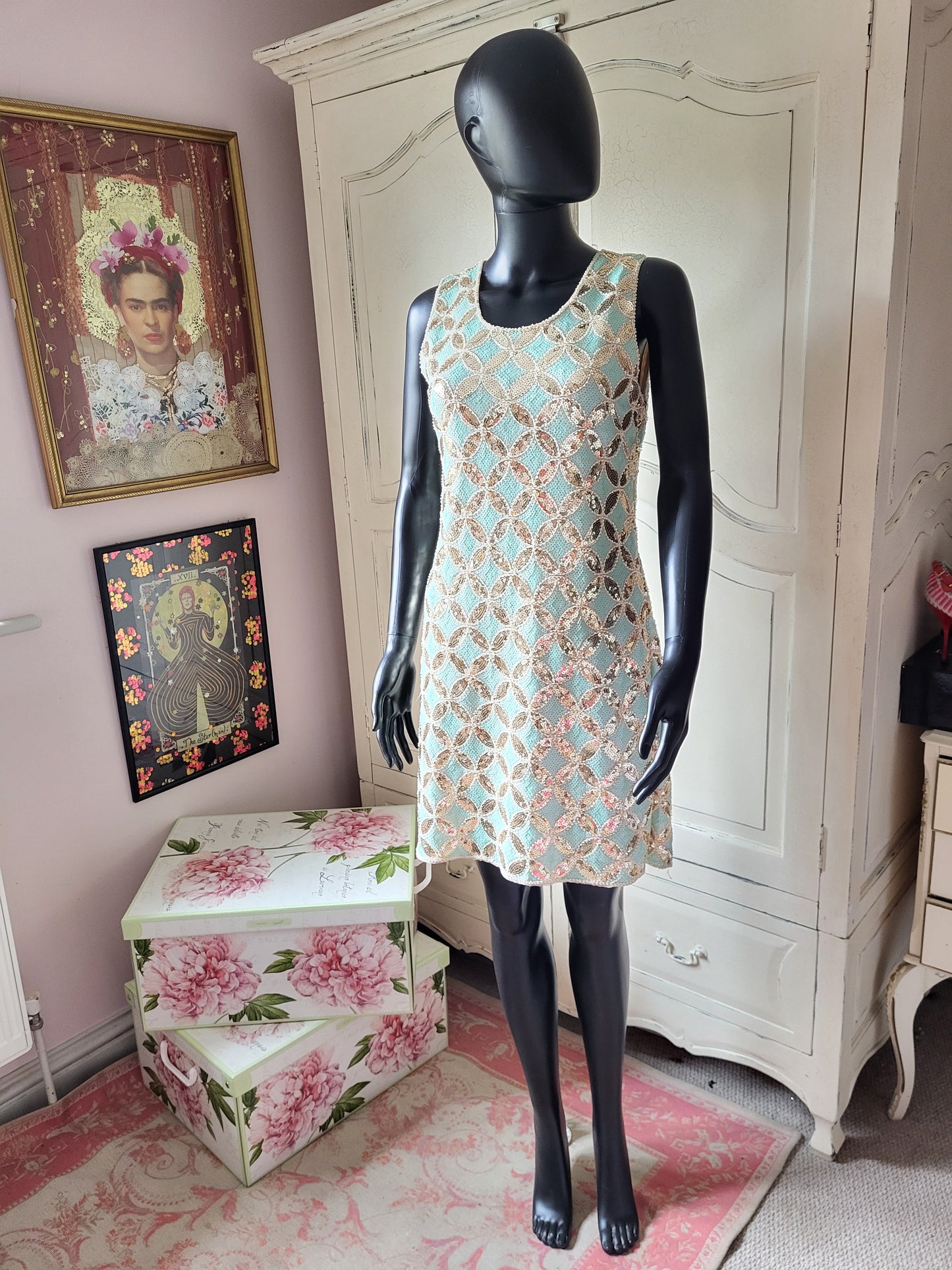 Vintage Turquoise Sequin Shift Dress
