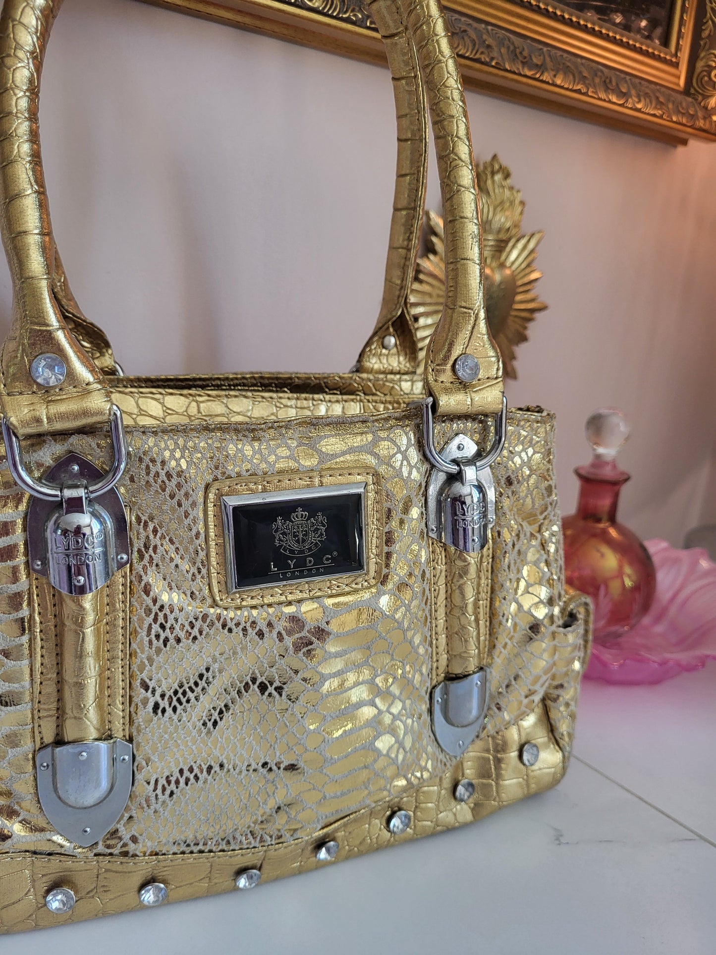 LYDC London Gold Snakeskin Mini Tote Bag