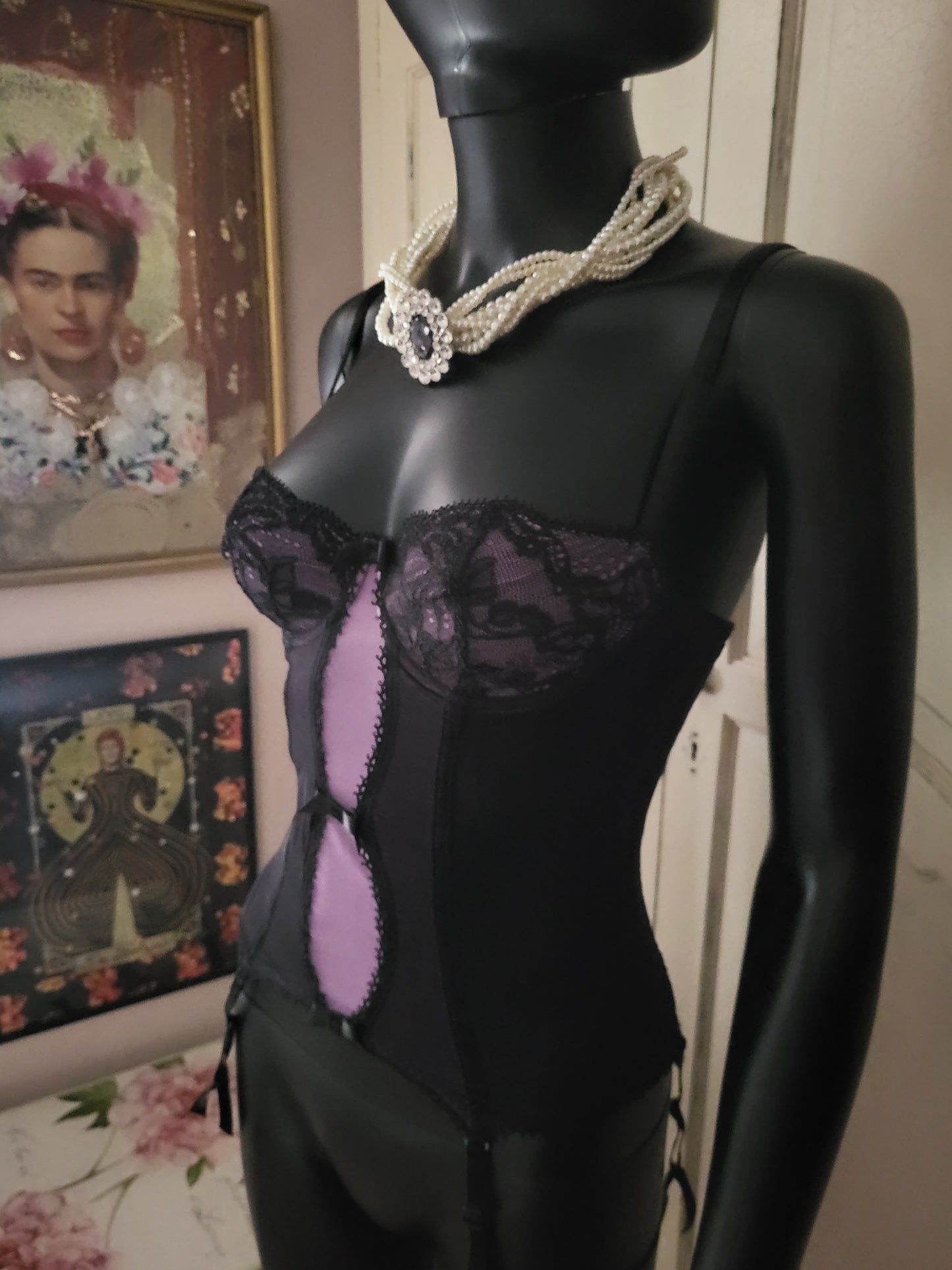 Vintage Aubade Lilac and Black Lace Basque